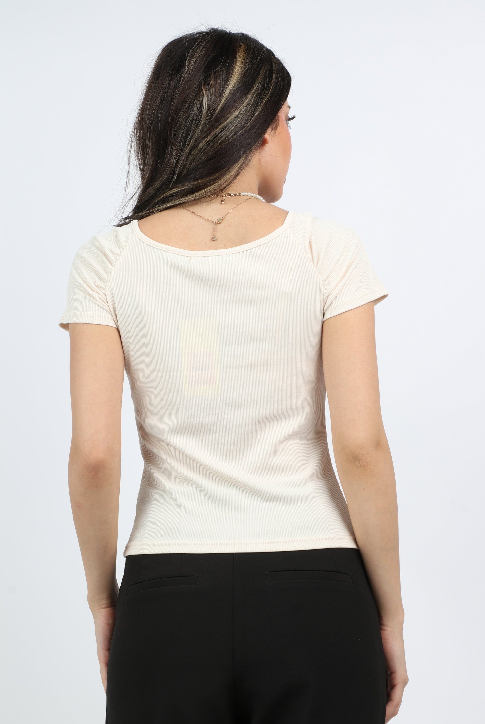 ميكا بلوزة سادة قصيرة الأكمام رقبة دائرية نسائي