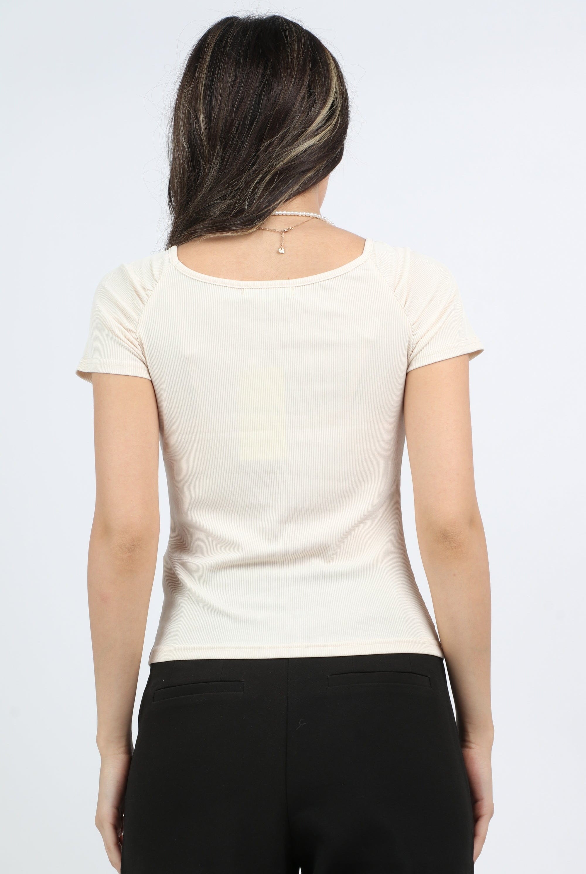 ميكا بلوزة سادة قصيرة الأكمام رقبة دائرية نسائي