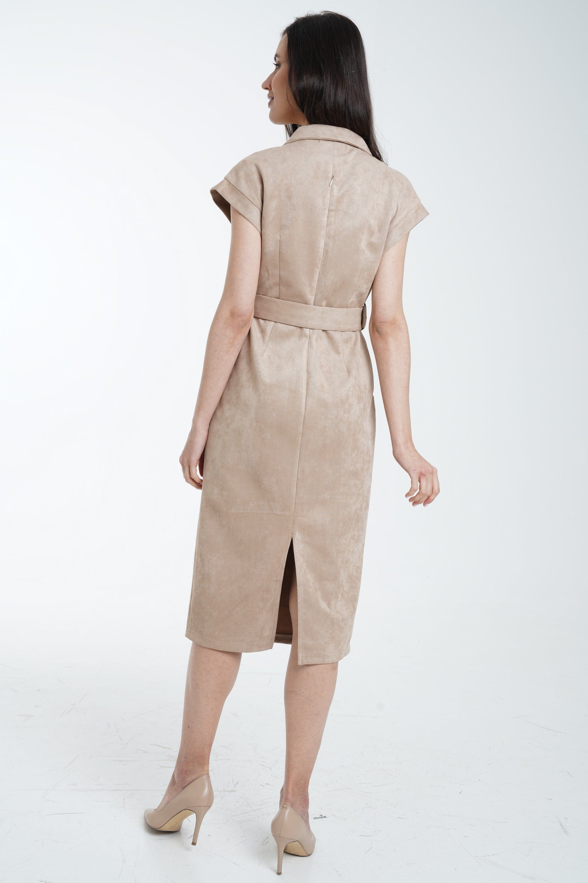 ميكا فستان ميدي سادة بحزام على الخصر كم قصير نسائي بني فاتح