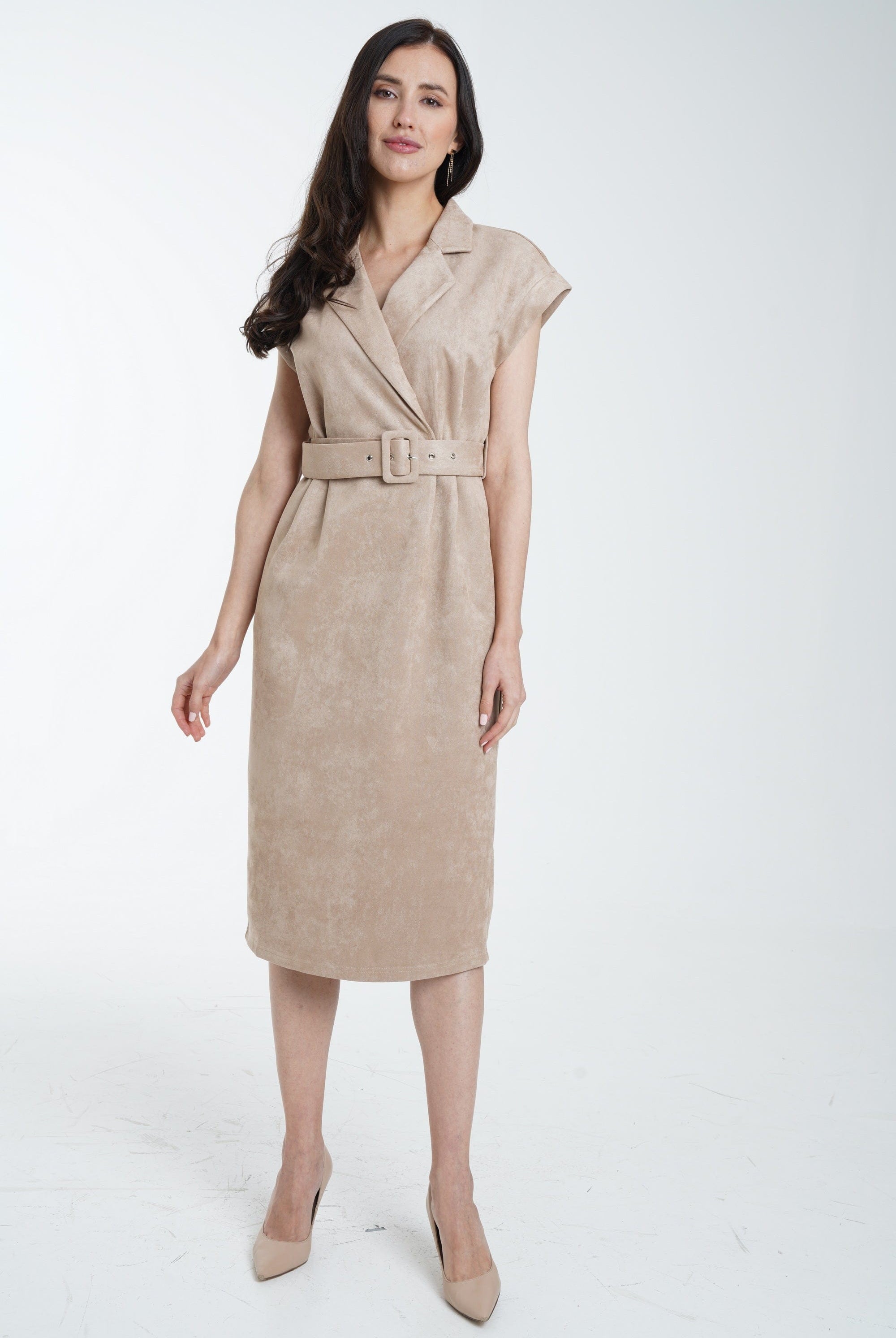 ميكا فستان ميدي سادة بحزام على الخصر كم قصير نسائي بني فاتح