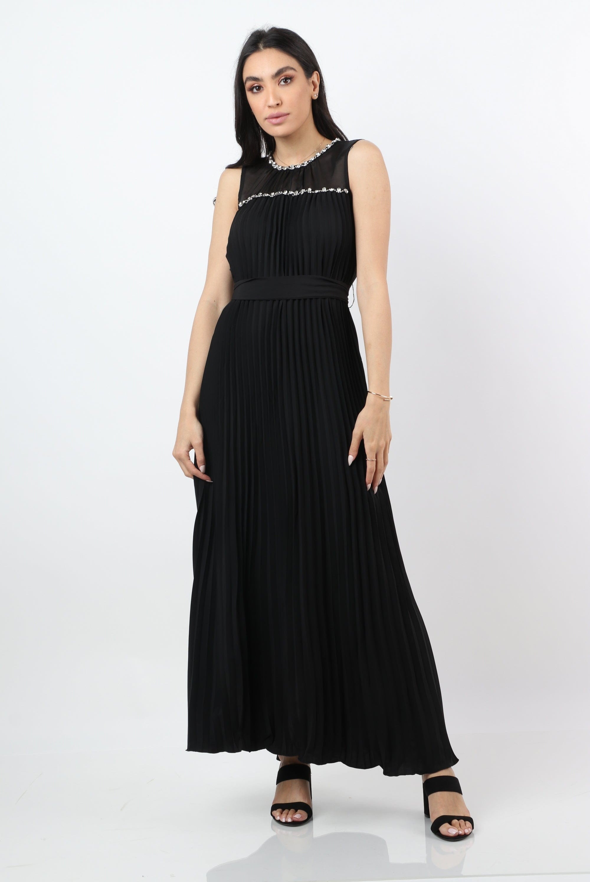 نتشي فستان طويل سهرة بليسية ميزين بمجوهرات بدون كم