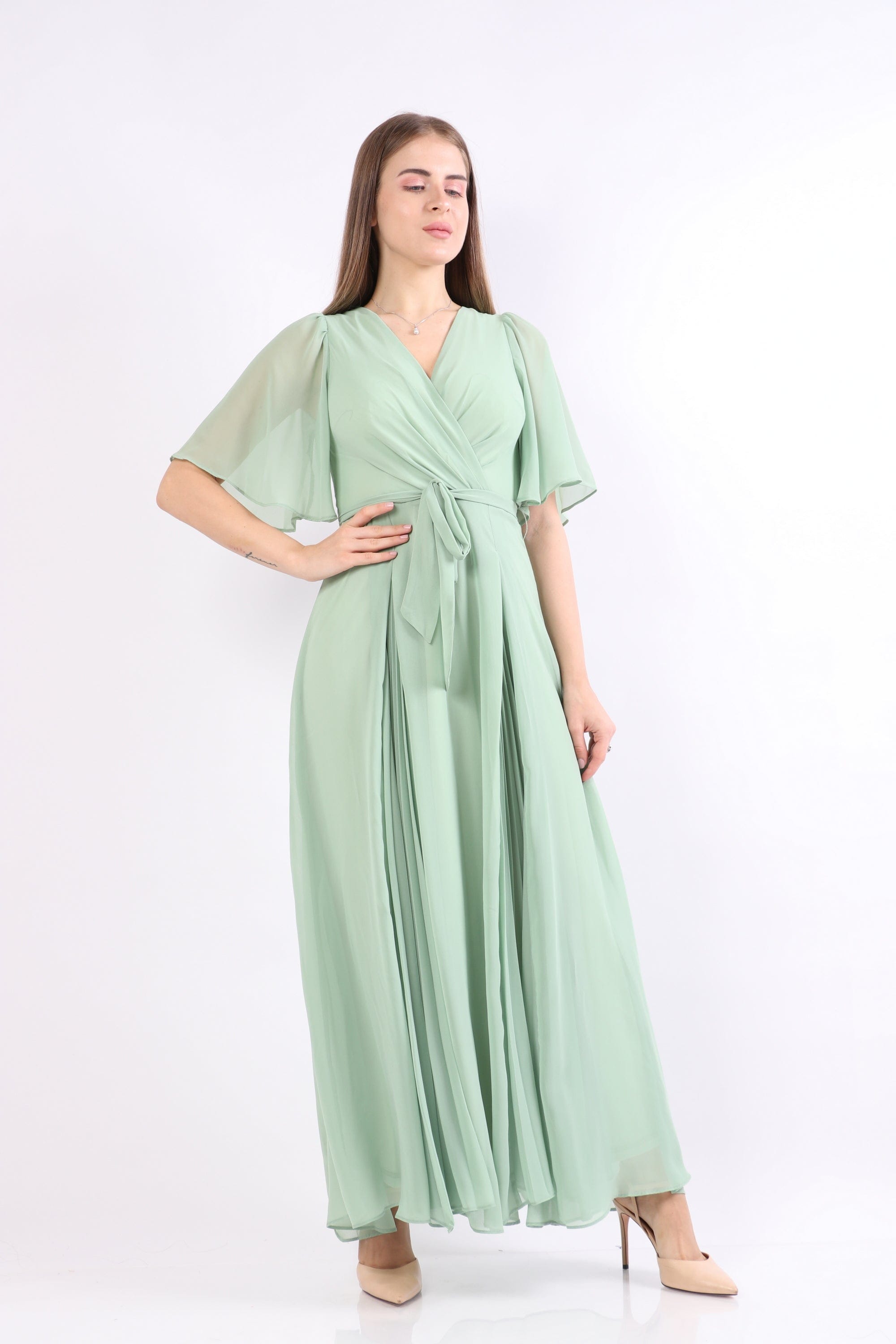 نتشي فستان ماكسي طويل نص كم شفاف