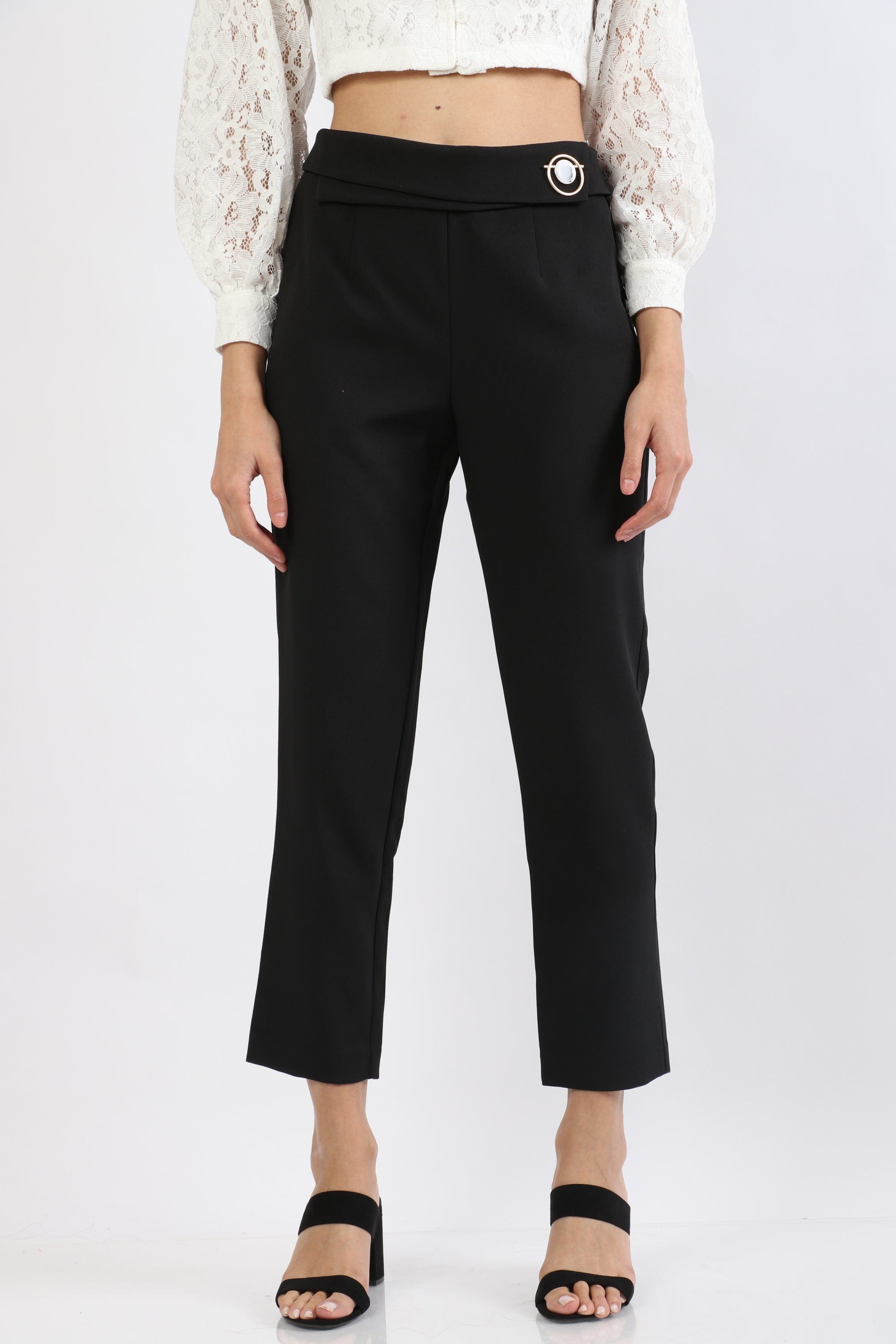 نتشي بنطلون كلاسيك سادة طويل مع حلقة على الخصر نسائي