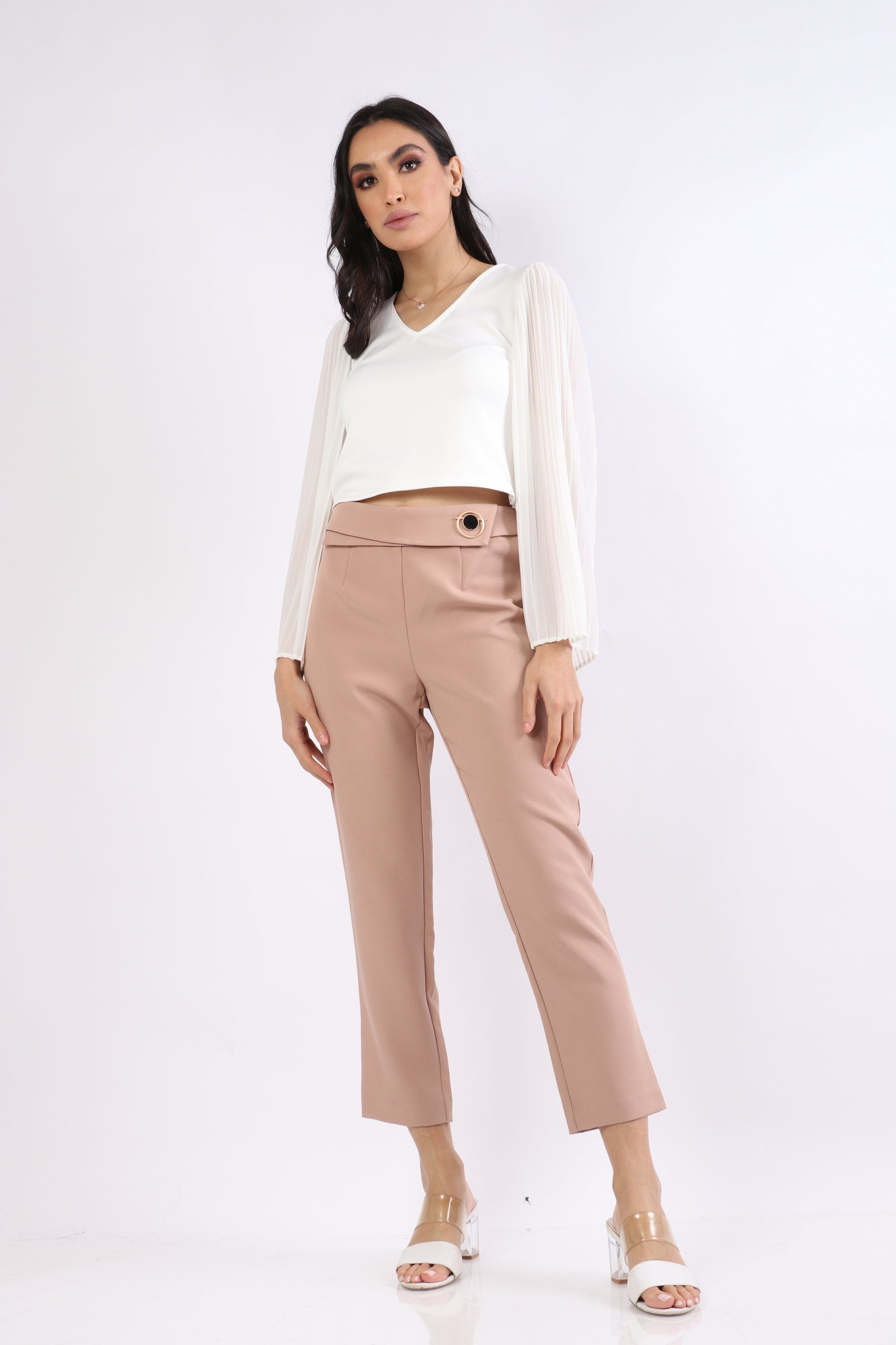 نتشي بنطلون كلاسيك سادة طويل مع حلقة على الخصر نسائي