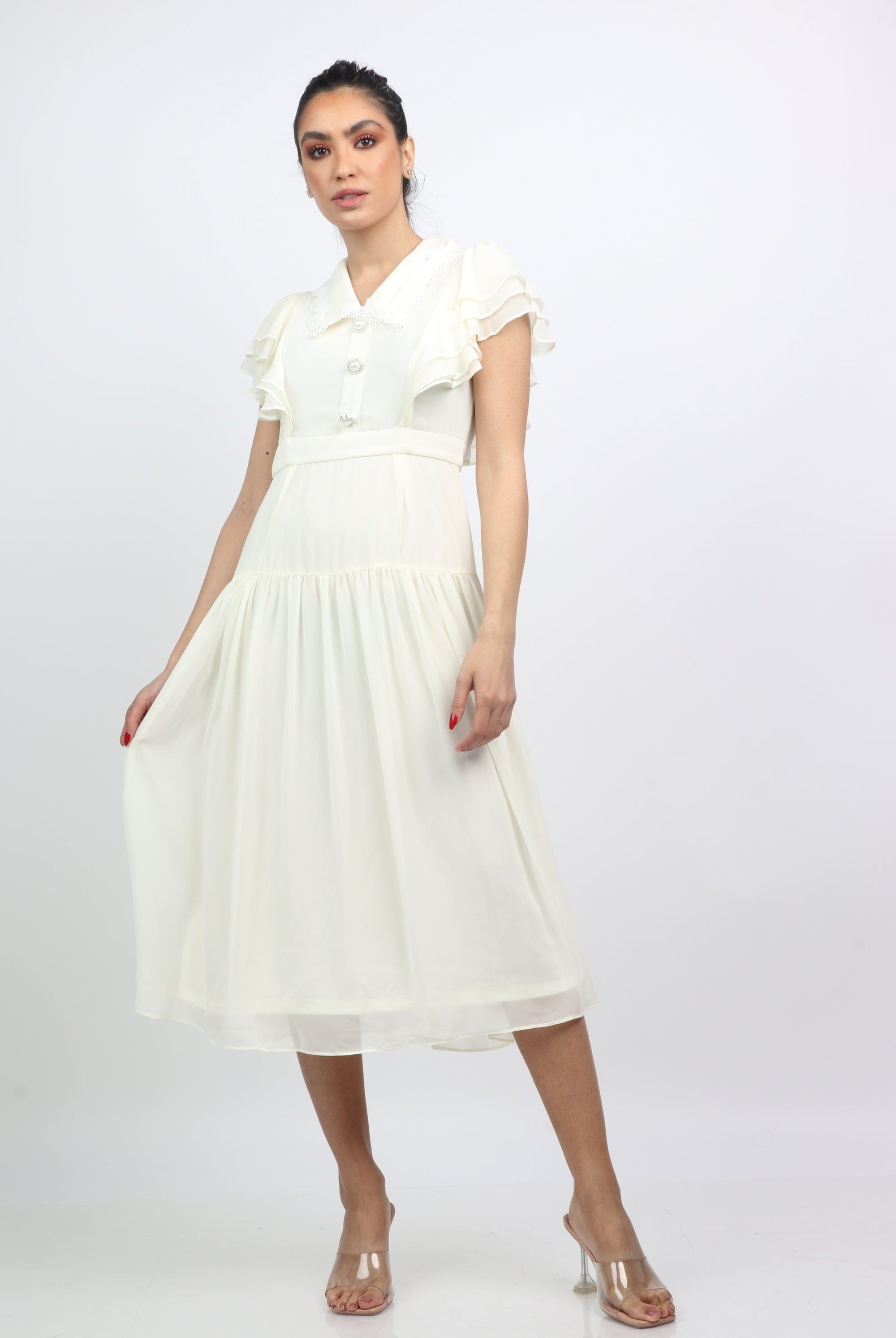 نتشي فستان ميدي بأكمام قصيرة فراشة بأزرار أمامية