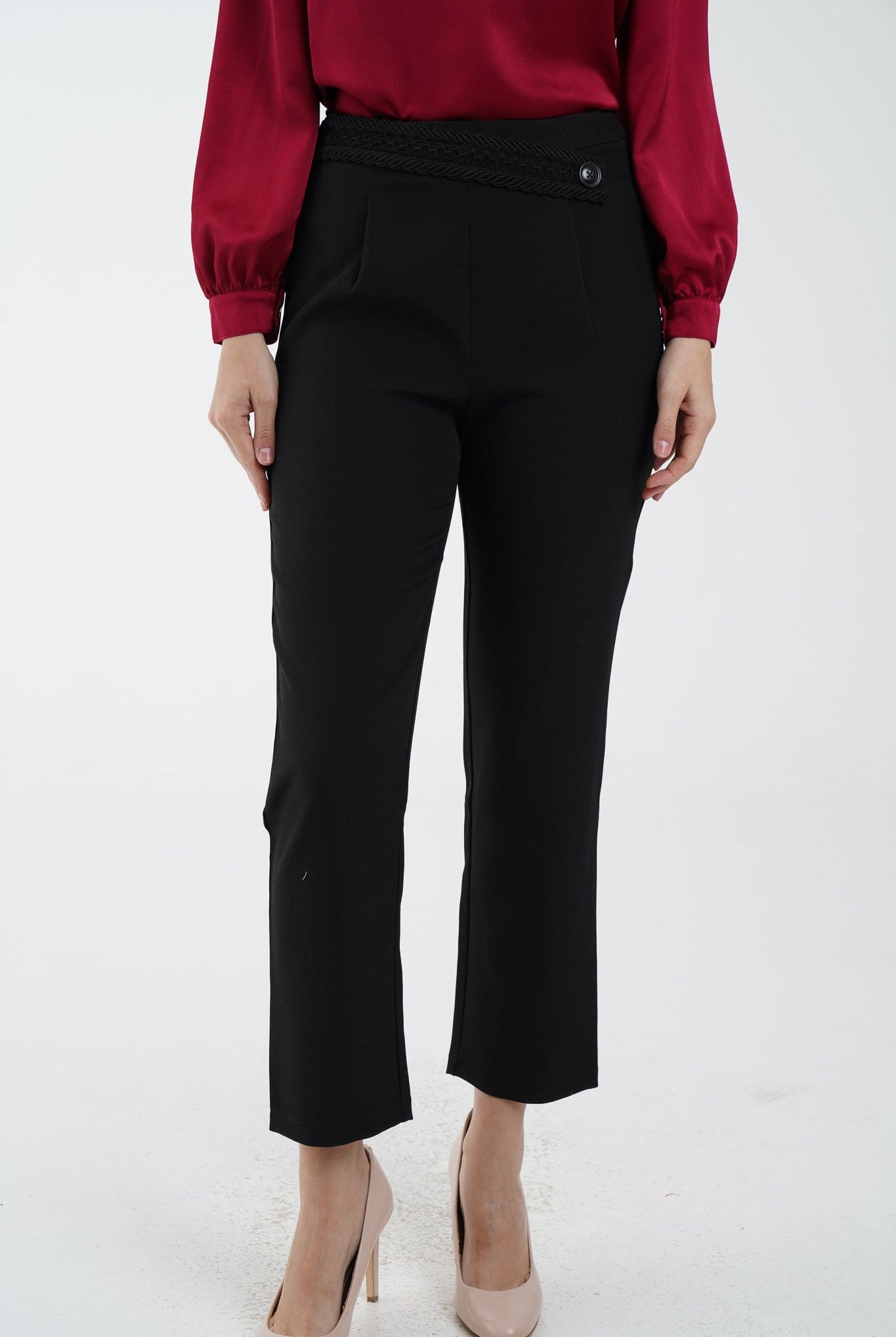 نتشي بنطلون طويل كلاسيك خصر مرتفع بتطريز على الخصر نسائي