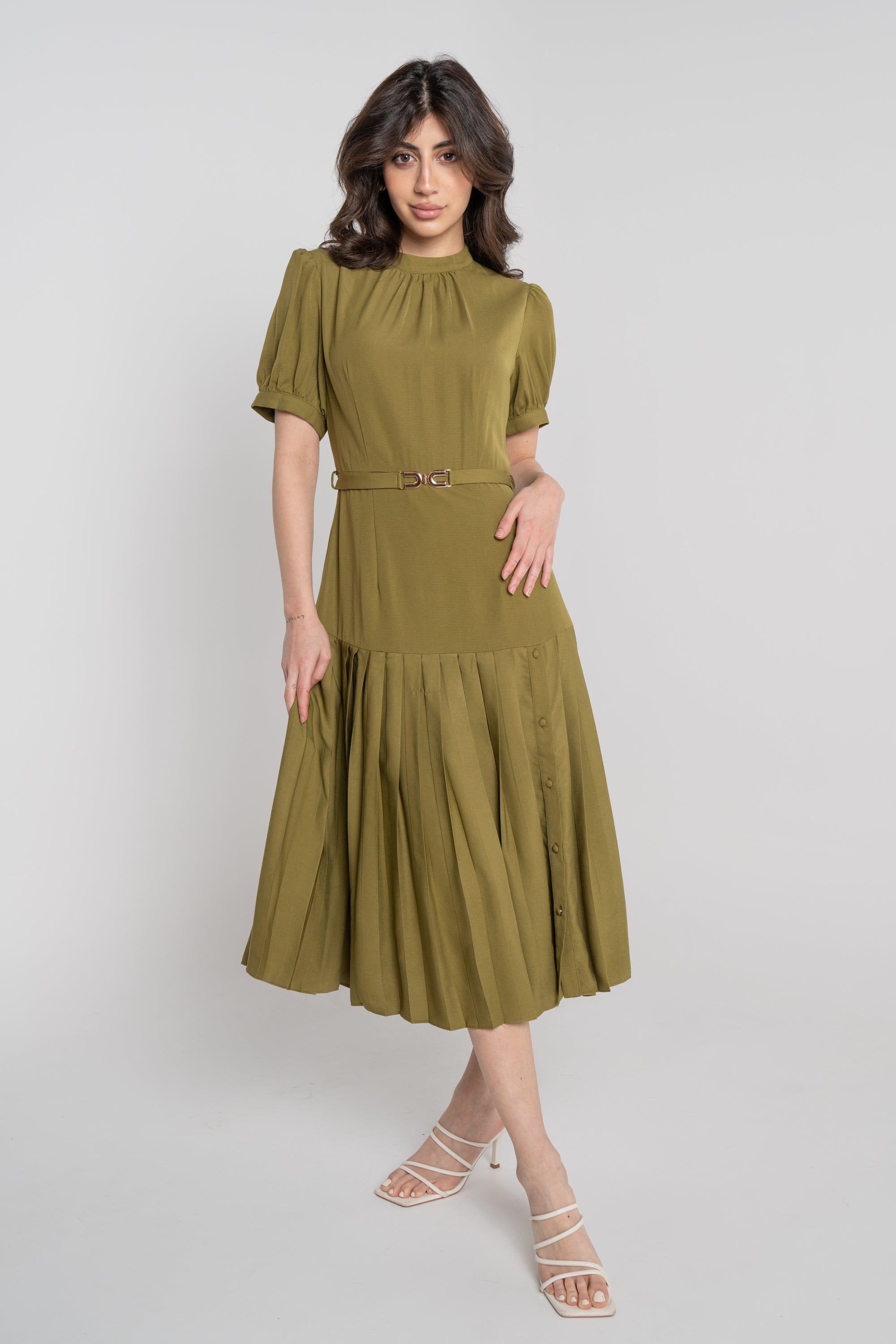 نتشي فستان ميدي سادة بكسرات من أسفل بأزرار جانبية نسائي