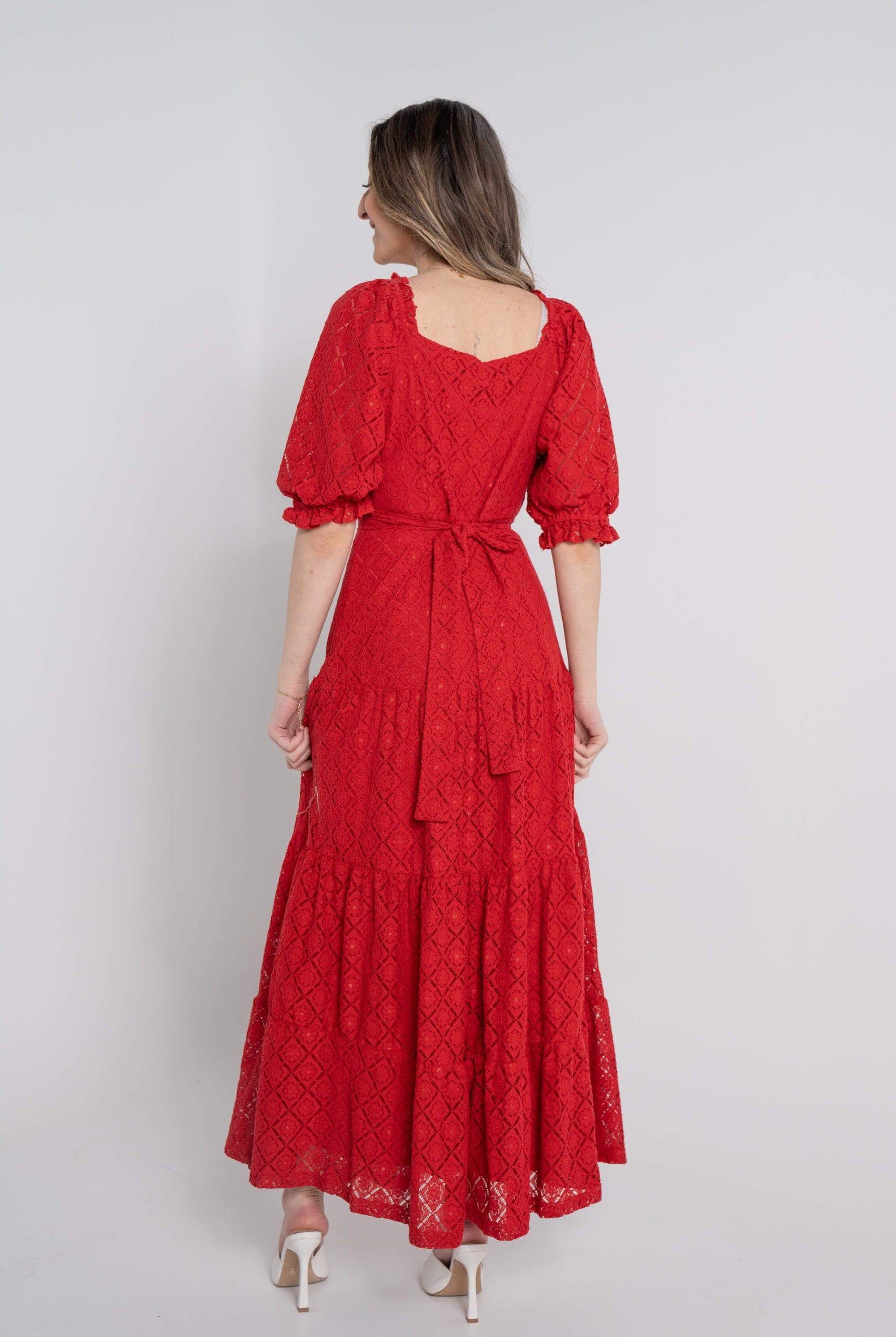 نتشي فستان ماكسي مخصر بفتحة صدر 3/4 كم بف بكشكشة نسائي