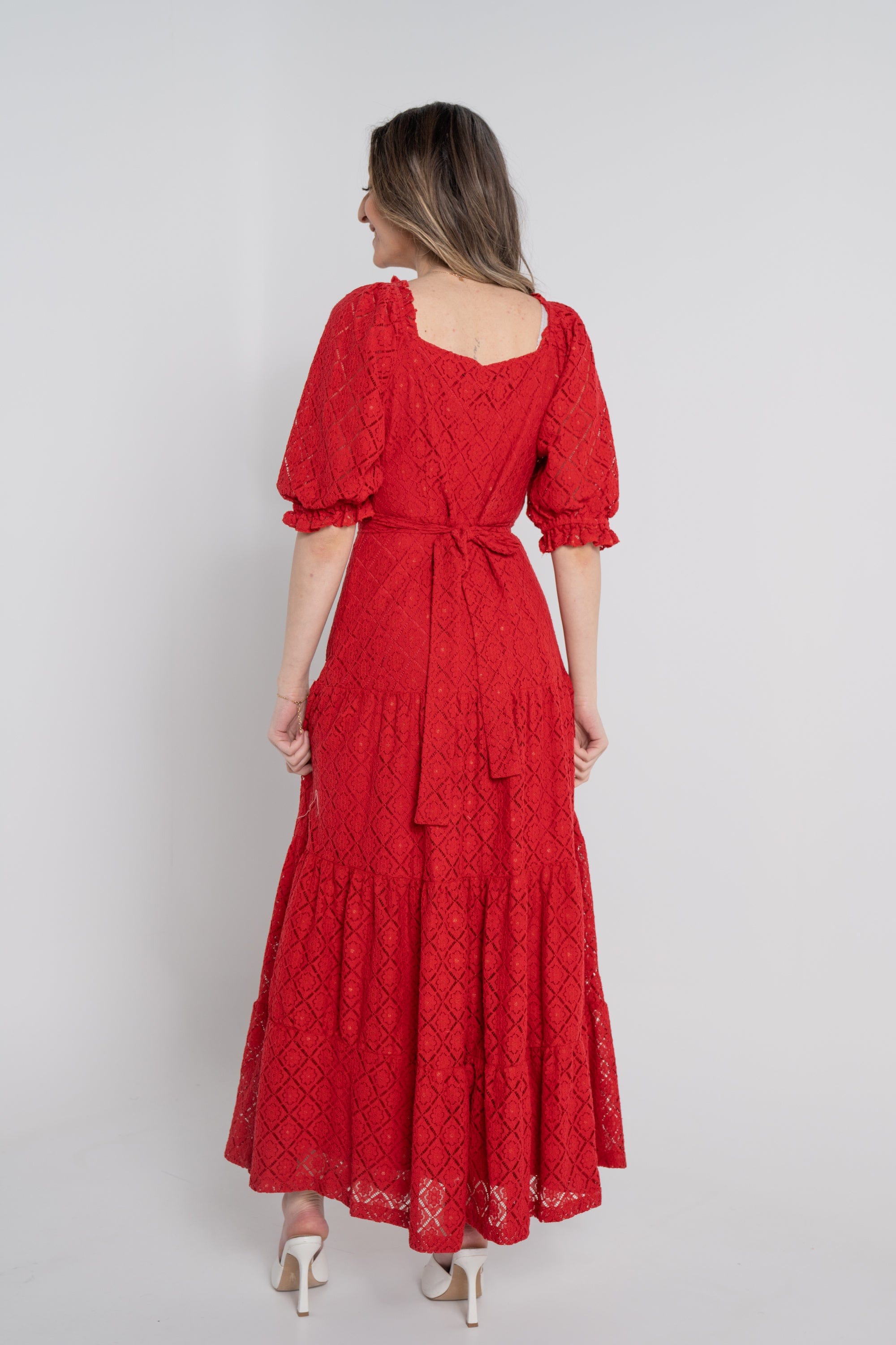 نتشي فستان ماكسي مخصر بفتحة صدر 3/4 كم بف بكشكشة نسائي