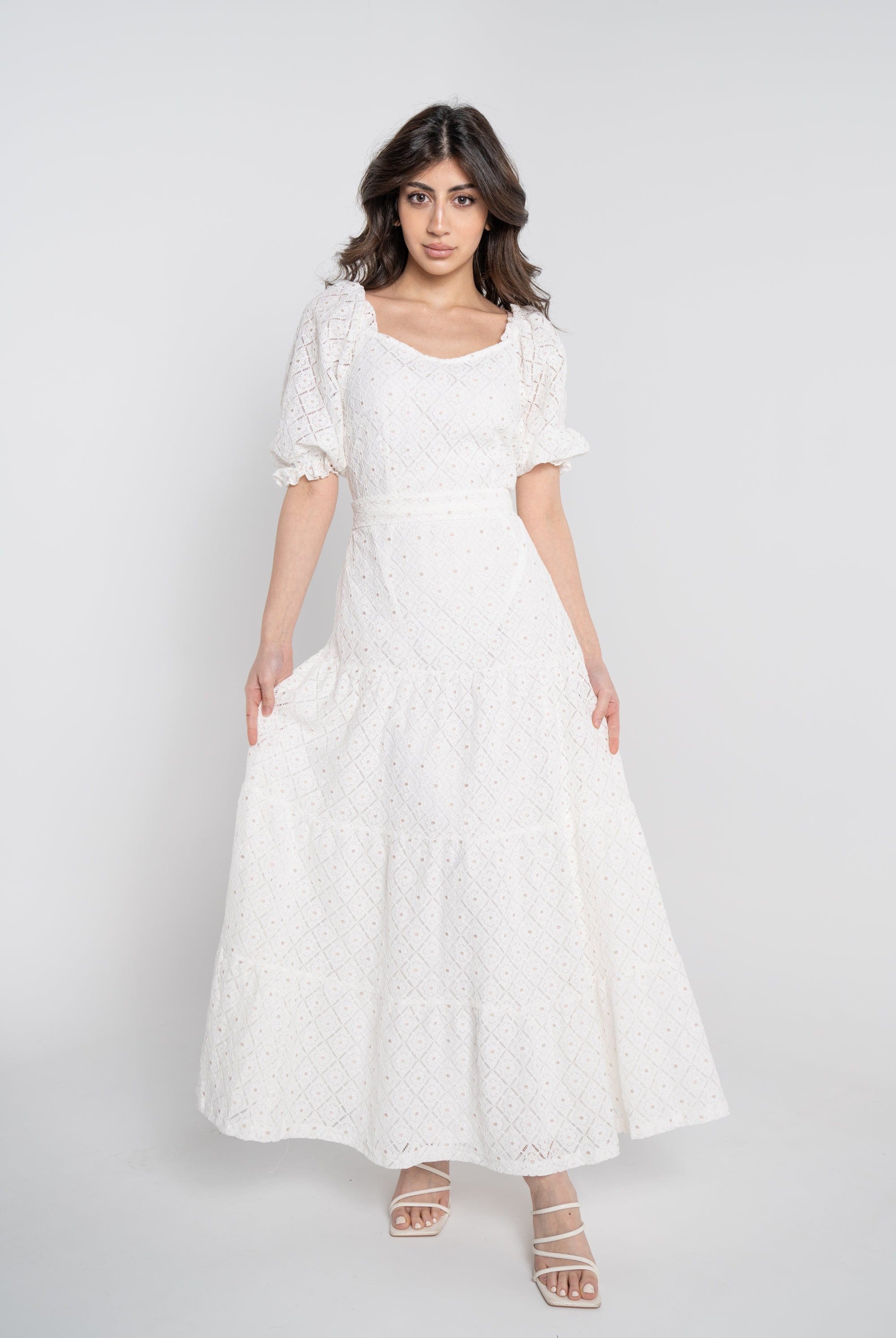 نتشي فستان ماكسي مخصر بفتحة صدر 3/4 كم بف بكشكشة نسائي