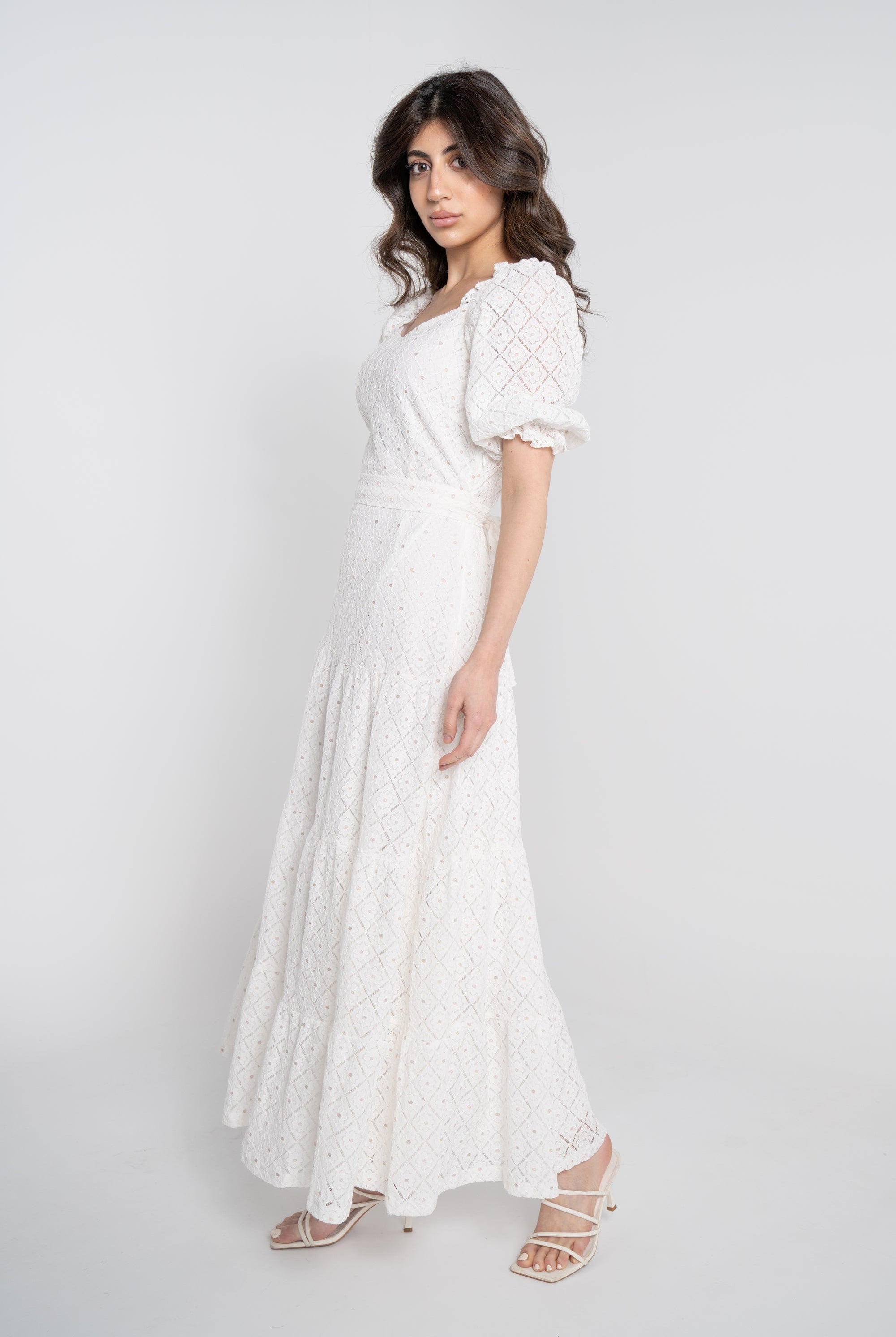 نتشي فستان ماكسي مخصر بفتحة صدر 3/4 كم بف بكشكشة نسائي