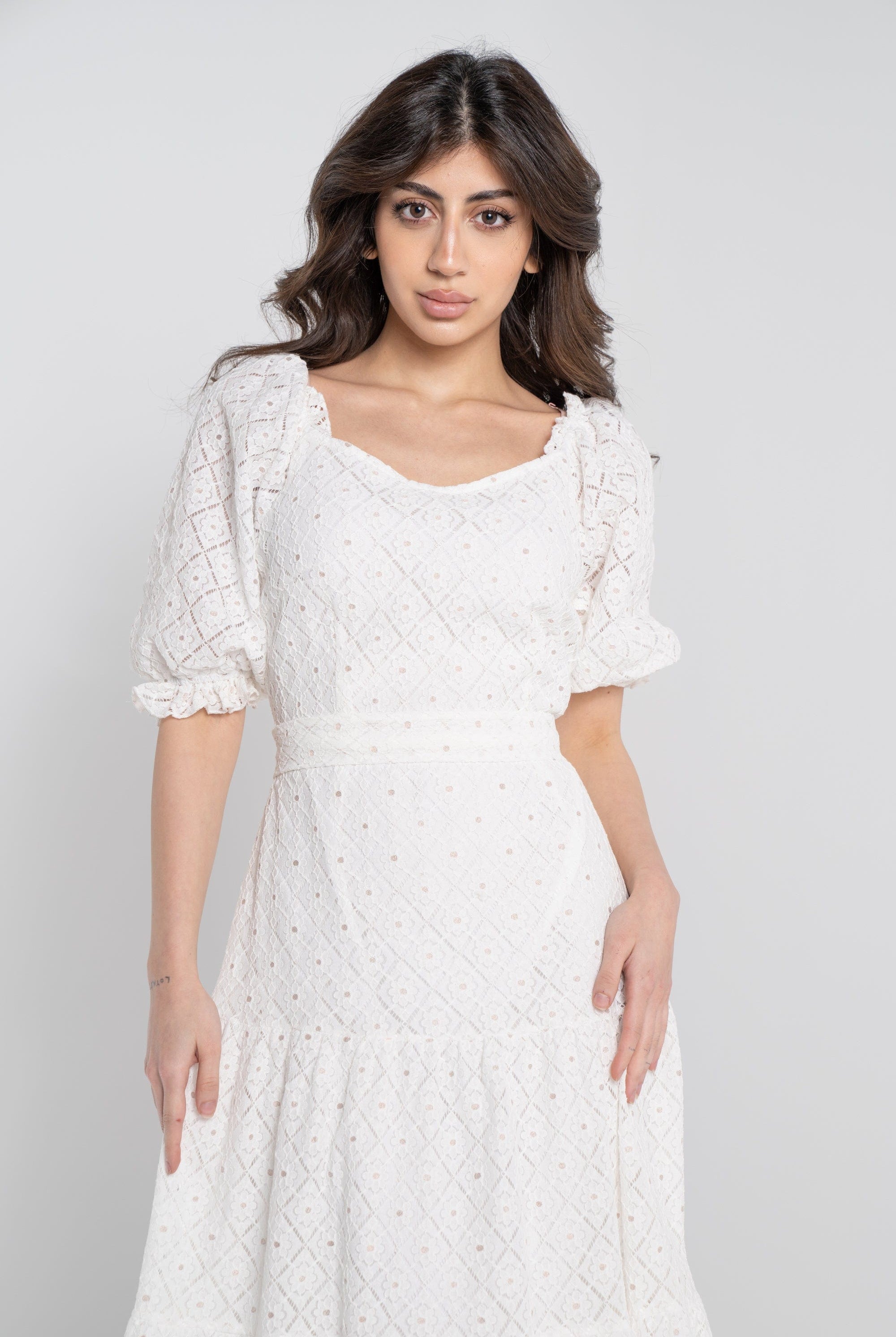 نتشي فستان ماكسي مخصر بفتحة صدر 3/4 كم بف بكشكشة نسائي