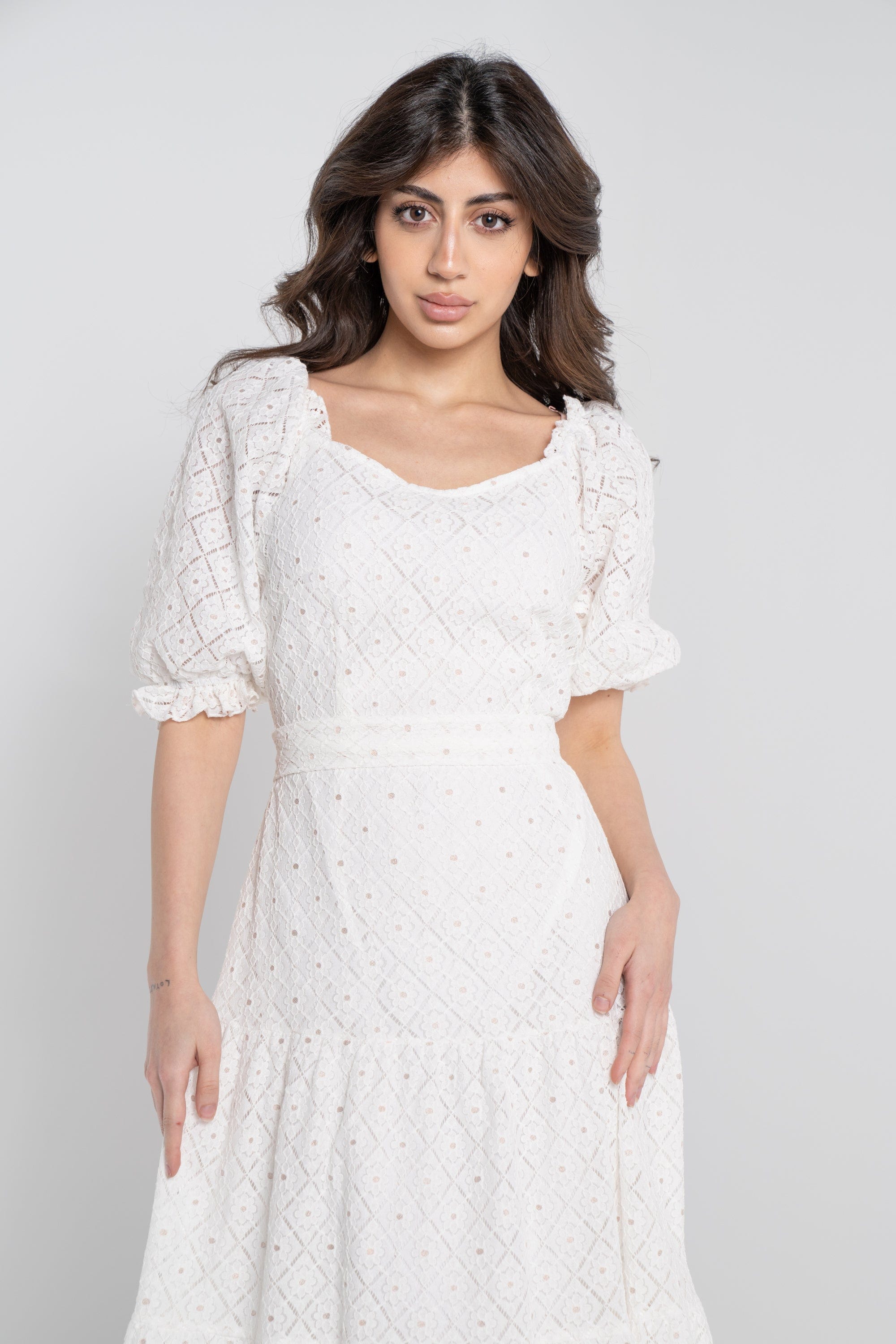 نتشي فستان ماكسي مخصر بفتحة صدر 3/4 كم بف بكشكشة نسائي