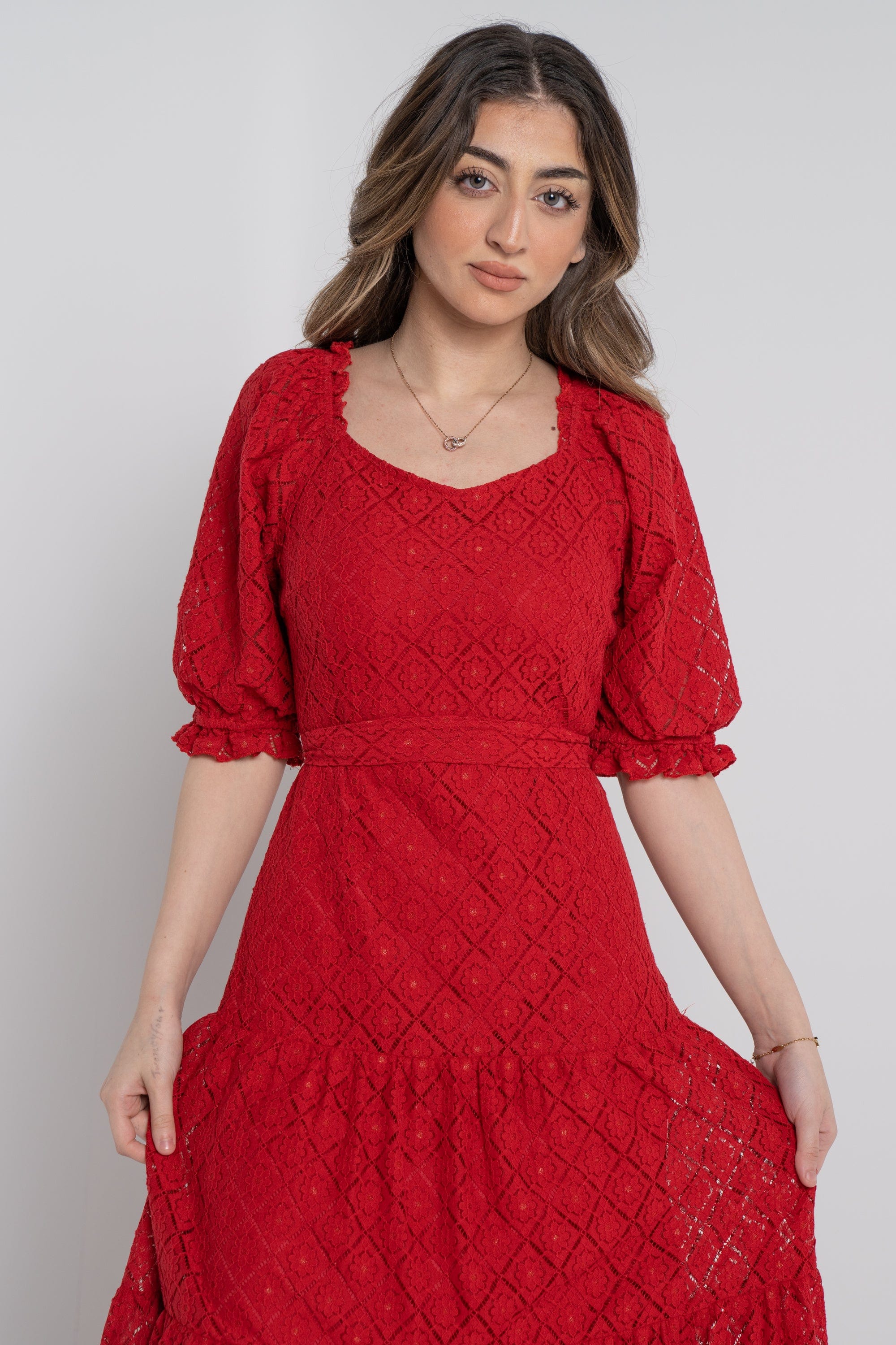 نتشي فستان ماكسي مخصر بفتحة صدر 3/4 كم بف بكشكشة نسائي