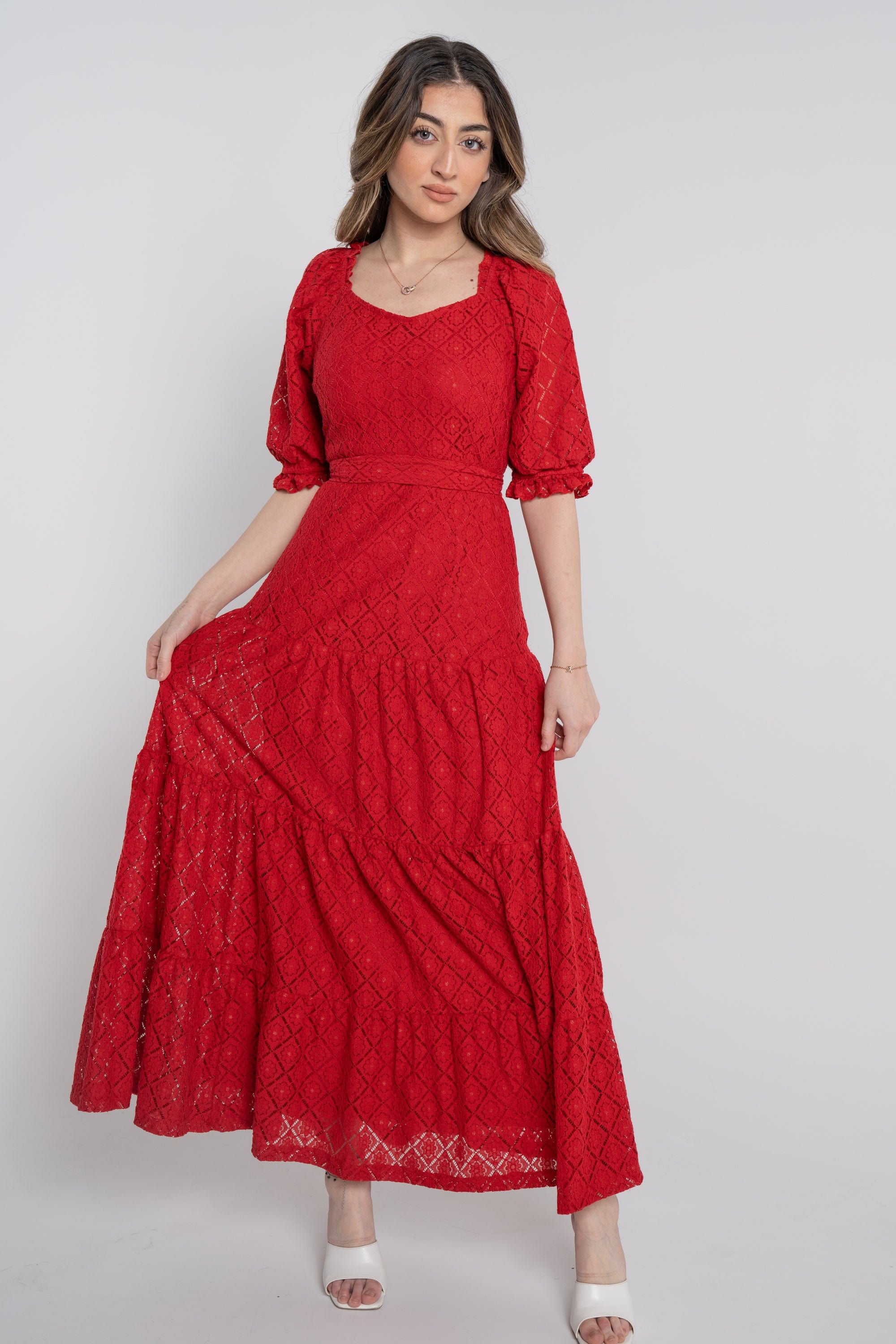 نتشي فستان ماكسي مخصر بفتحة صدر 3/4 كم بف بكشكشة نسائي