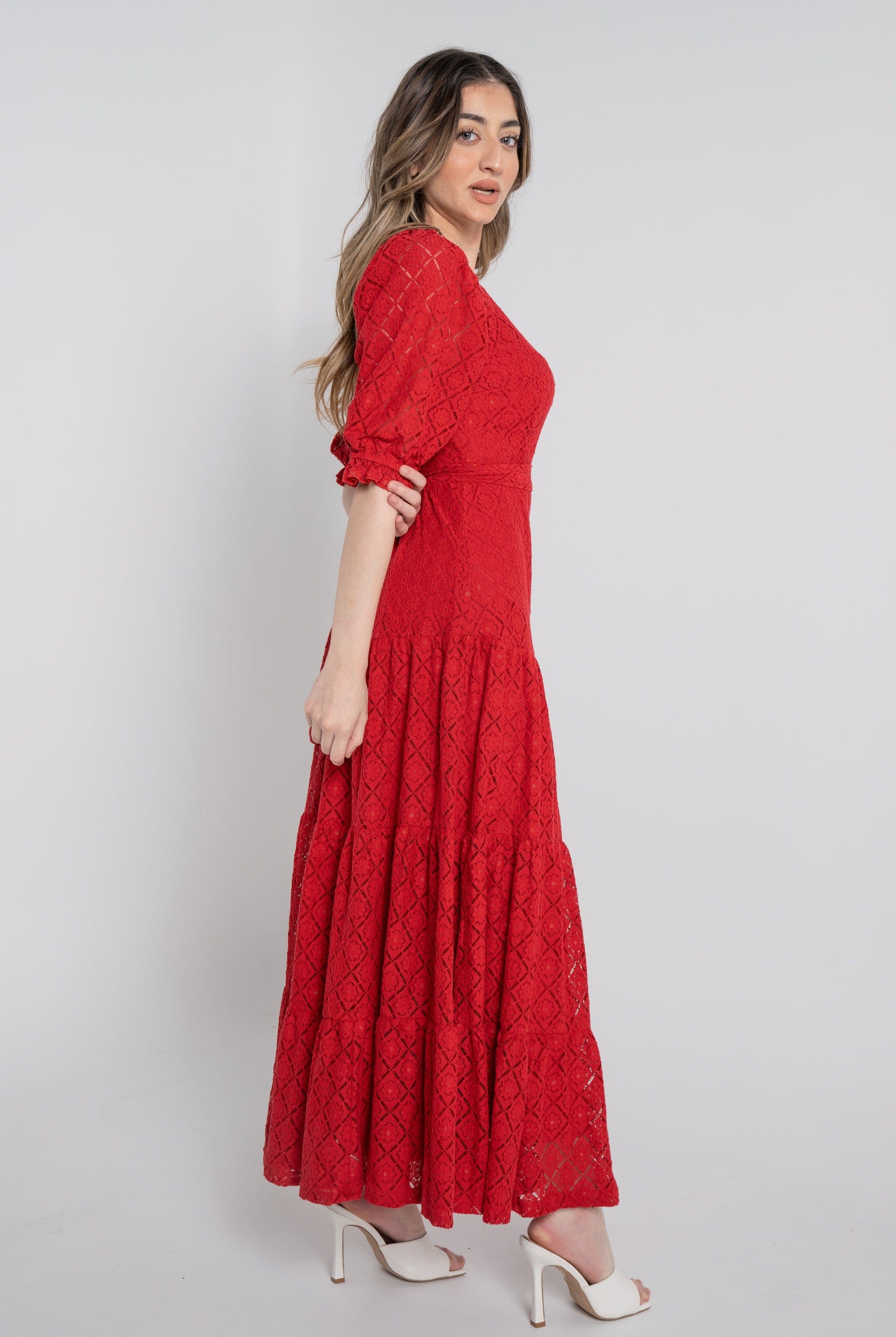 نتشي فستان ماكسي مخصر بفتحة صدر 3/4 كم بف بكشكشة نسائي