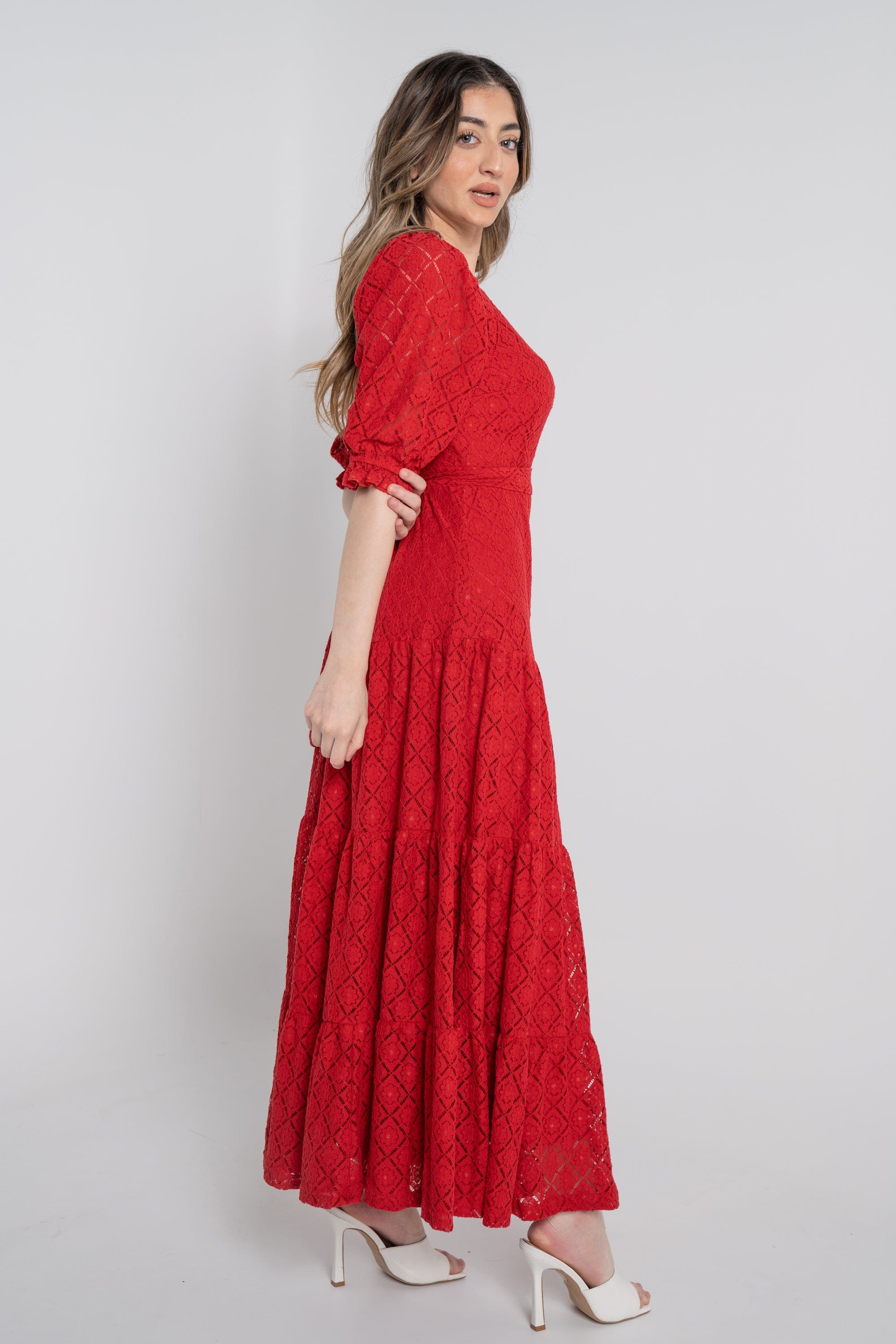 نتشي فستان ماكسي مخصر بفتحة صدر 3/4 كم بف بكشكشة نسائي