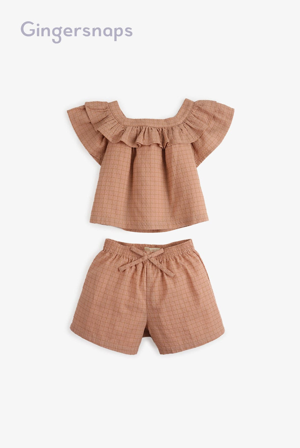 جينجرسنابس طقم بناتي بلوزة مربعات نص كم وشورت بفيونكة بني