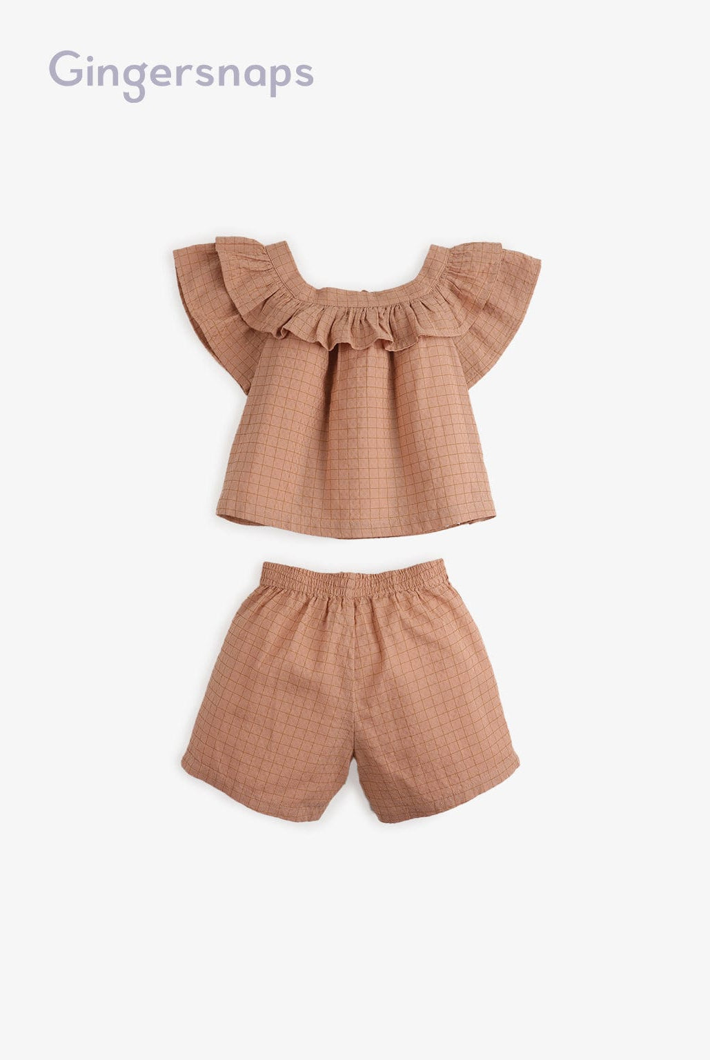 جينجرسنابس طقم بناتي بلوزة مربعات نص كم وشورت بفيونكة بني
