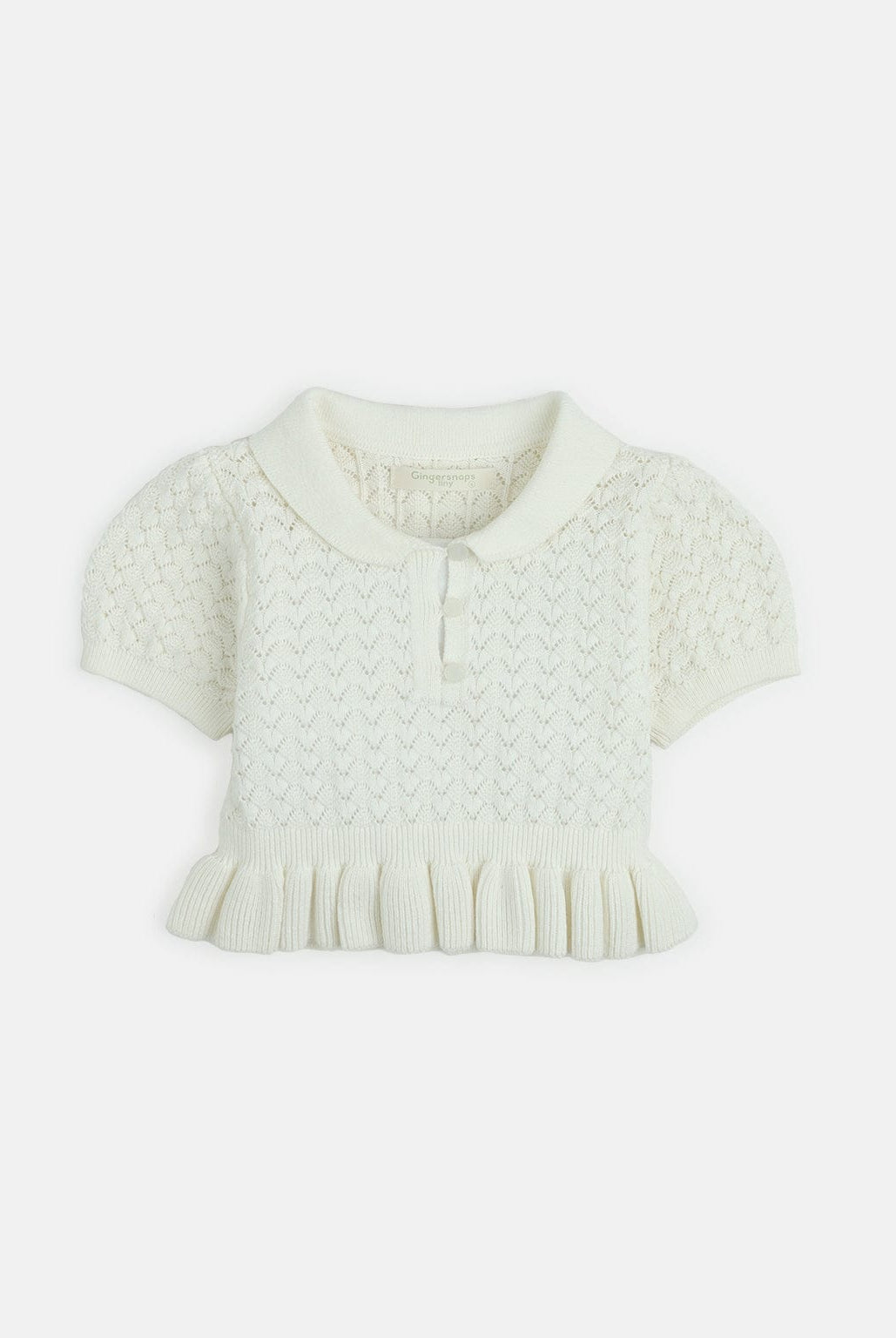 جينجرسنابس طقم قطعتين شورت مورد وبلوزة مضفرة نص كم بف بناتي أبيض