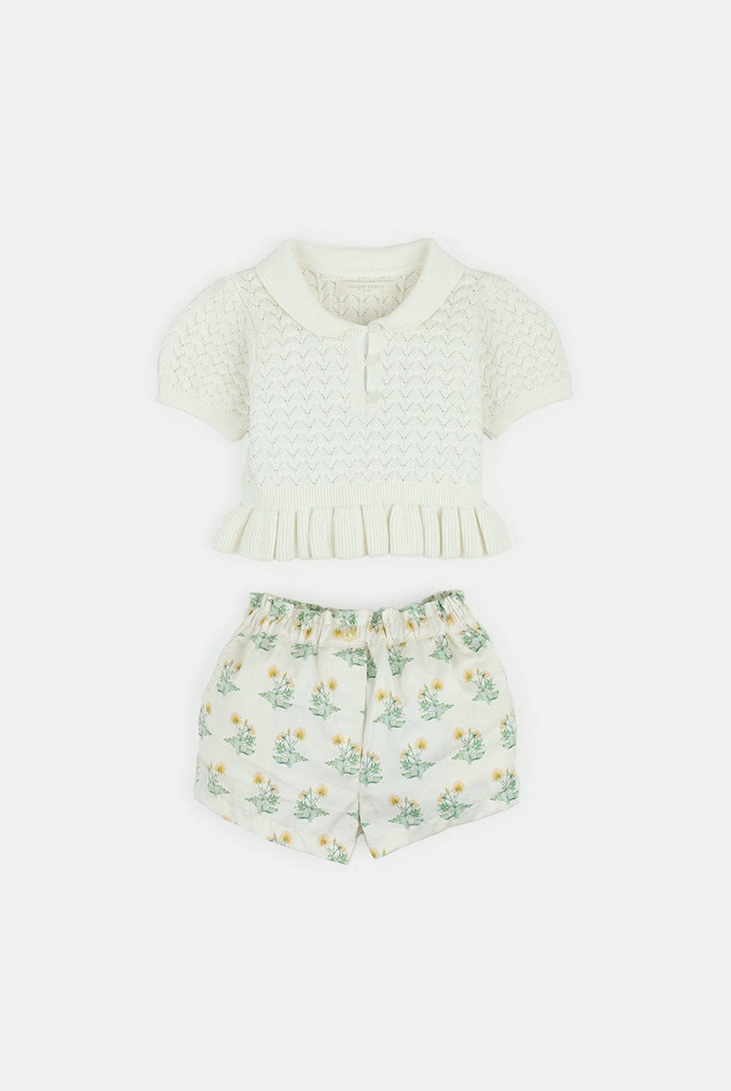 جينجرسنابس طقم قطعتين شورت مورد وبلوزة مضفرة نص كم بف بناتي أبيض