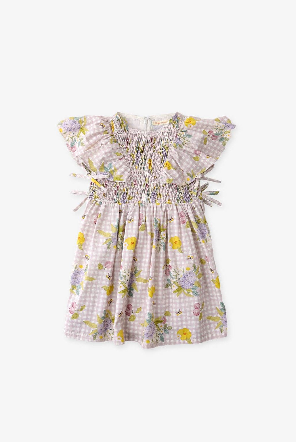 جينجرسنابس فستان مربعات مع نقشة ورد مخصر كم قصير بناتي متعدد الألوان