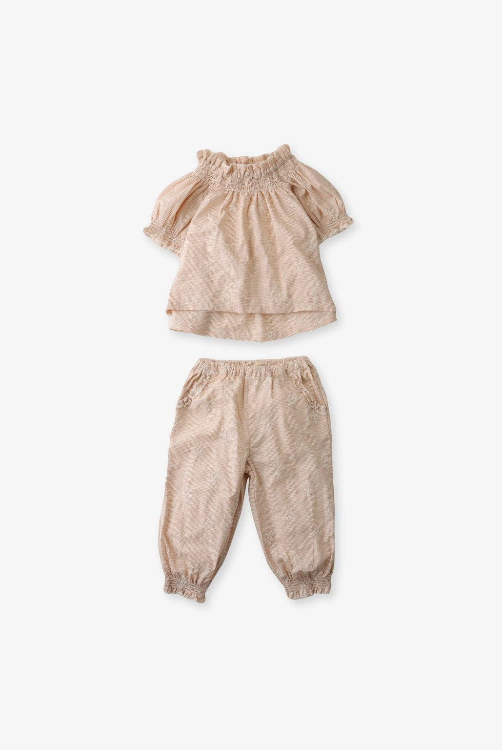 جينجرسنابس طقم قطعتين بلوزة نص كم بف برقبة مع بنطلون بناتي بيج