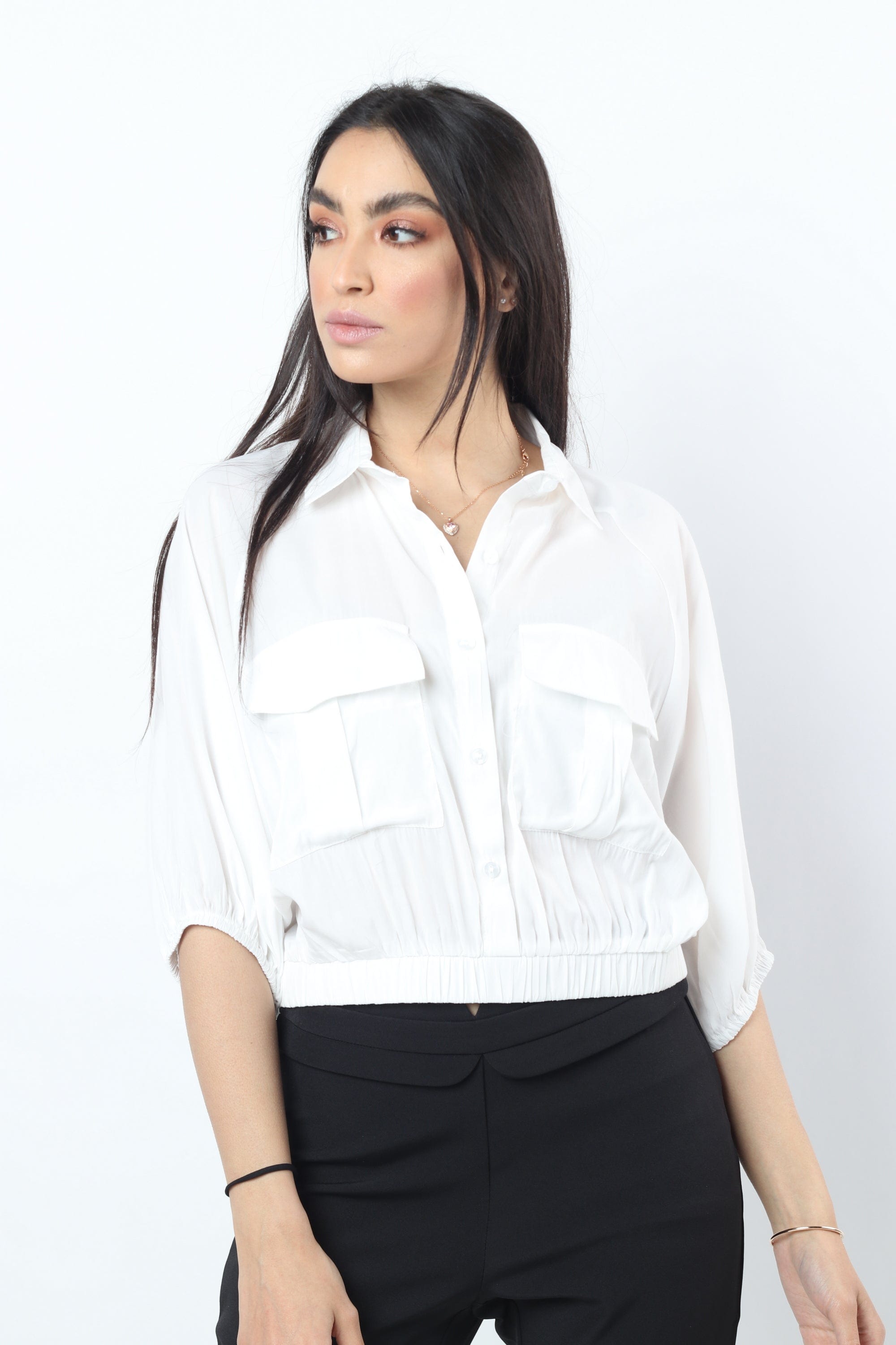 نتشي بلوزة مخصرة أزرار أميمة بجيوب 3/4 كم بف نسائي