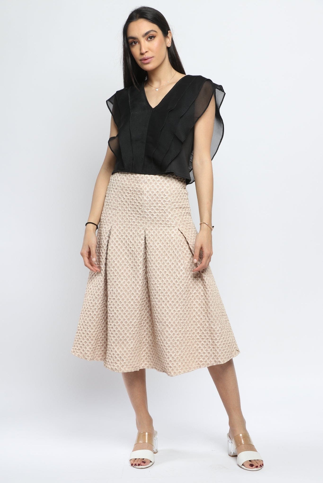 نتشي تنورة ميدي سادة بخصر عالي بكسرات