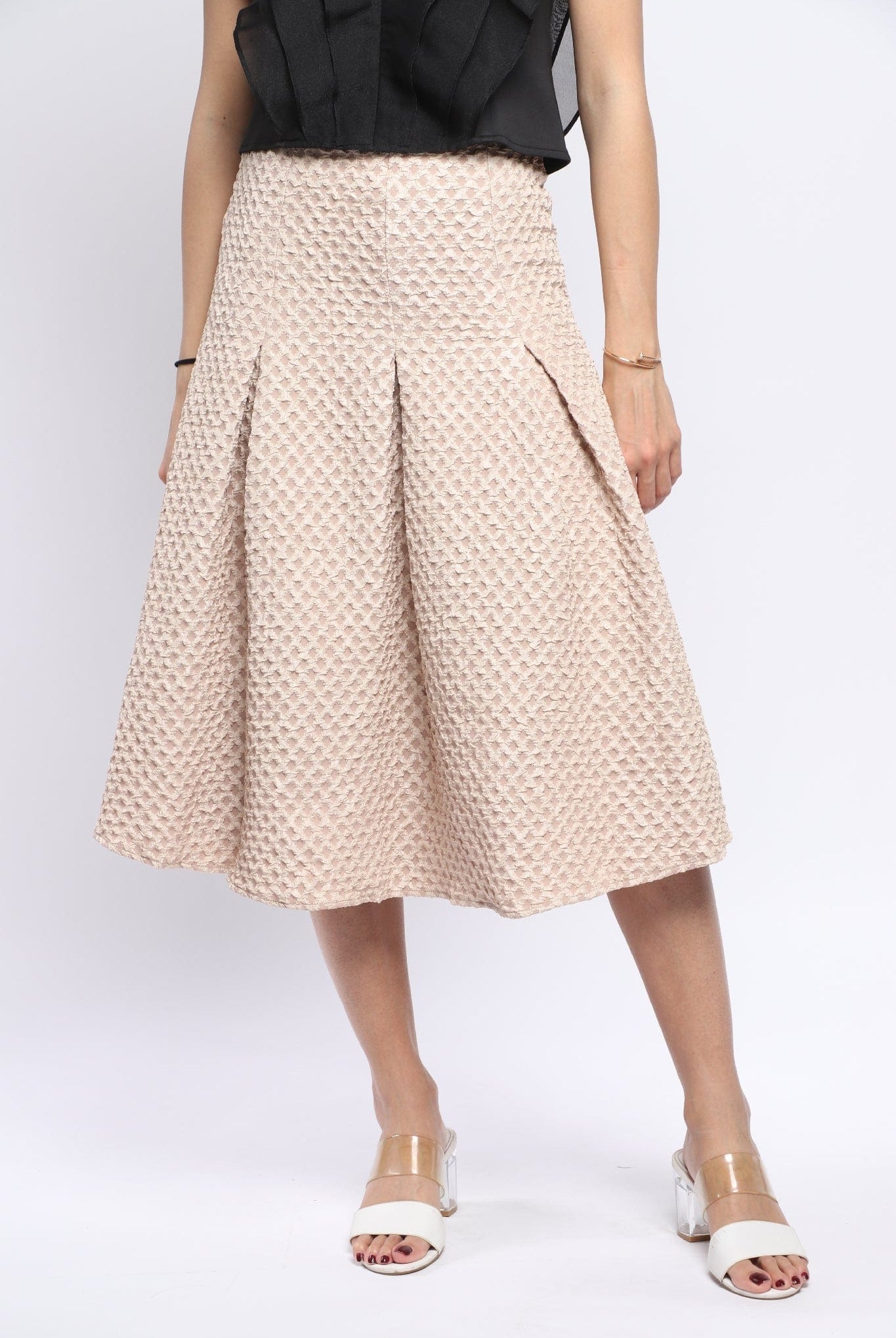 نتشي تنورة ميدي سادة بخصر عالي بكسرات