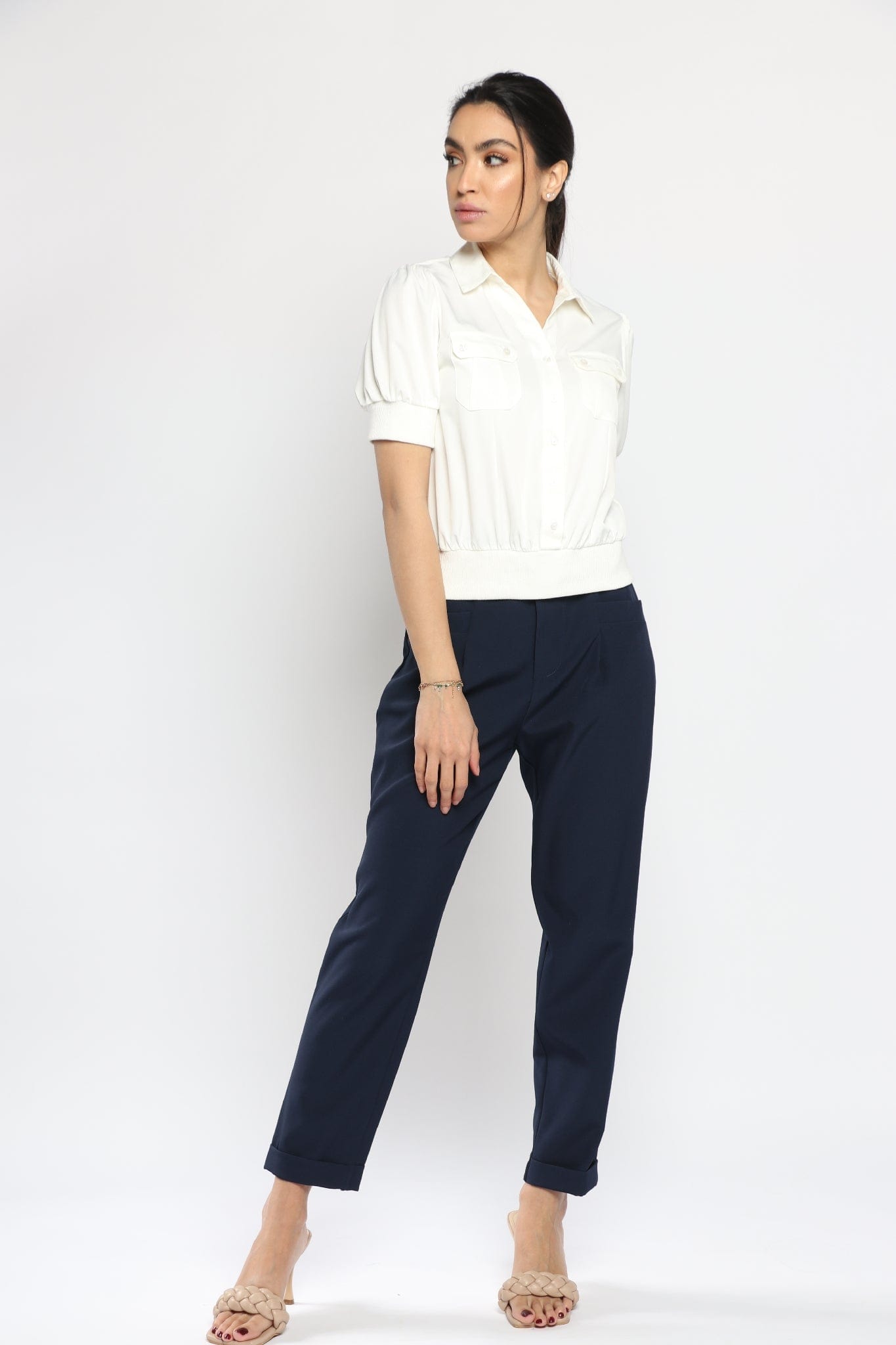 نتشي قميص نسائي نايلون بجيوب وأزرار أمامية وكم قصير بف نسائي