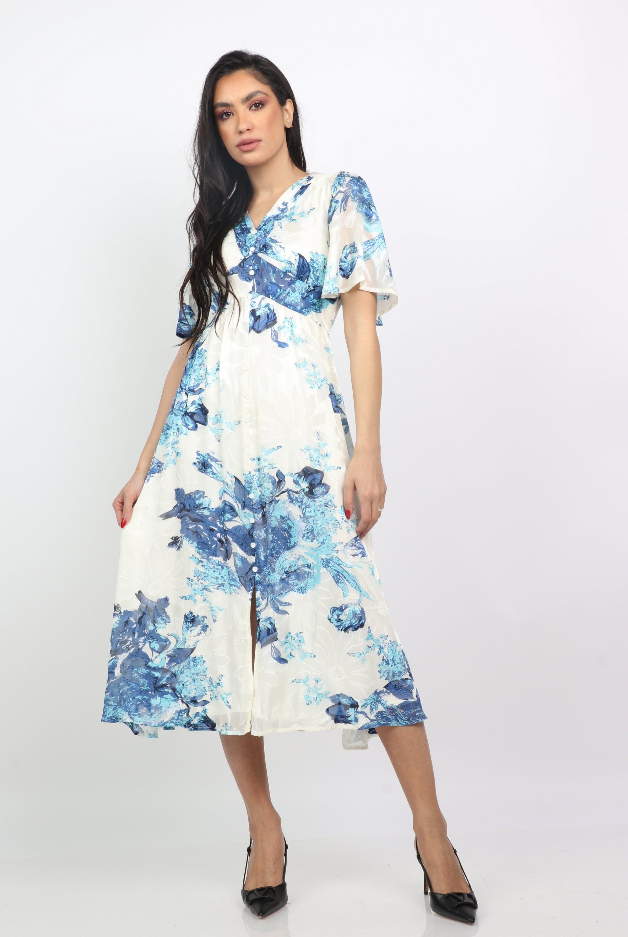 نتشي فستان ميدي مشجر بورود كبيرة كم فراشة قصير