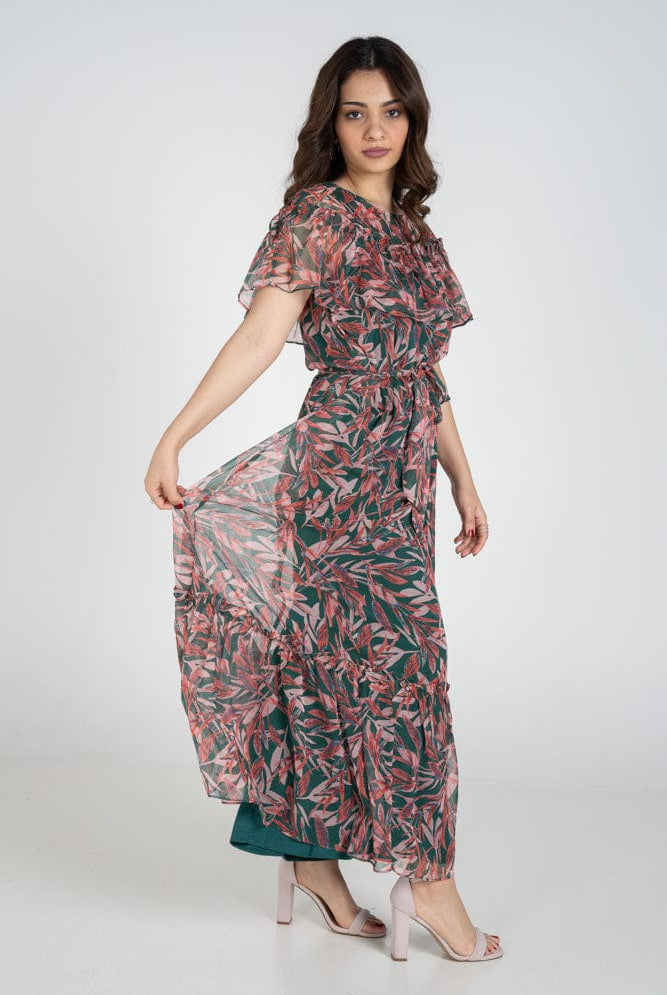 نتشي فستان ماكسي مشجر بحزام بأكمام شيفون فراشة