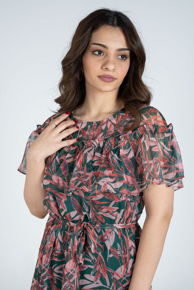 نتشي فستان ماكسي مشجر بحزام بأكمام شيفون فراشة