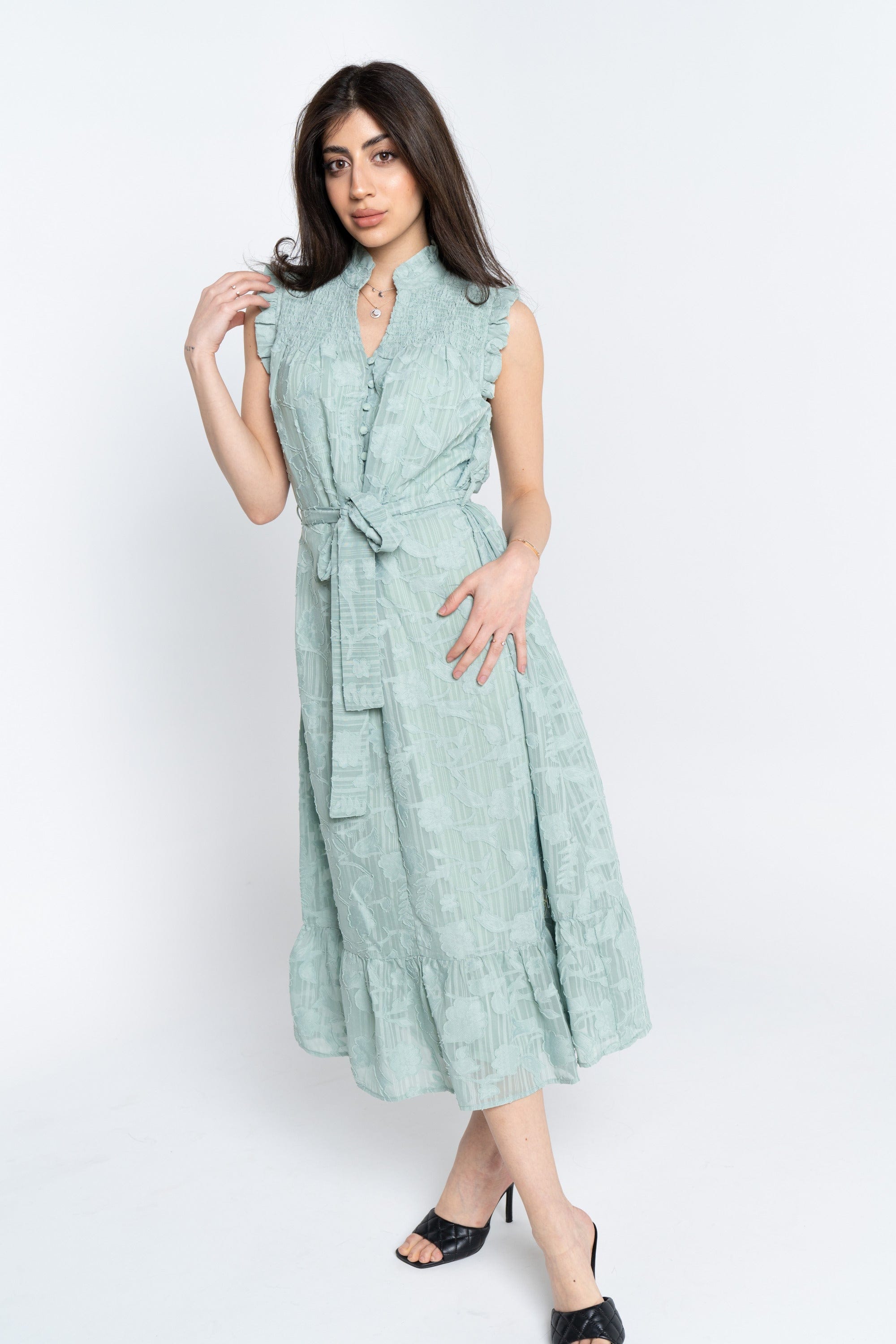 نتشي فستان ميدي مكشكش كت بأزرار أمامية وحزام على الوسط نسائي