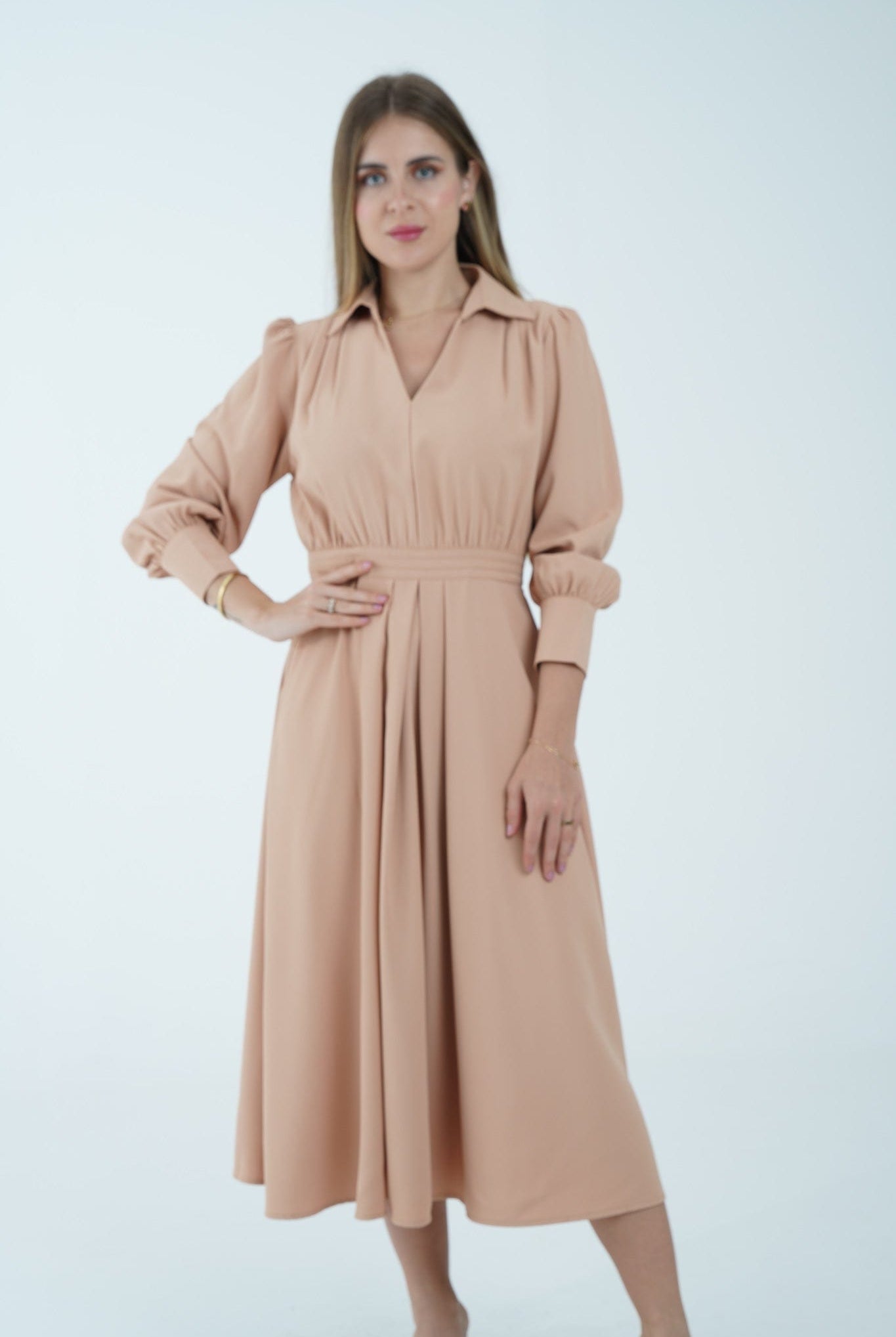 نتشي فستان ميدي سادة مخصر أكمام طويل بف نسائي بيج