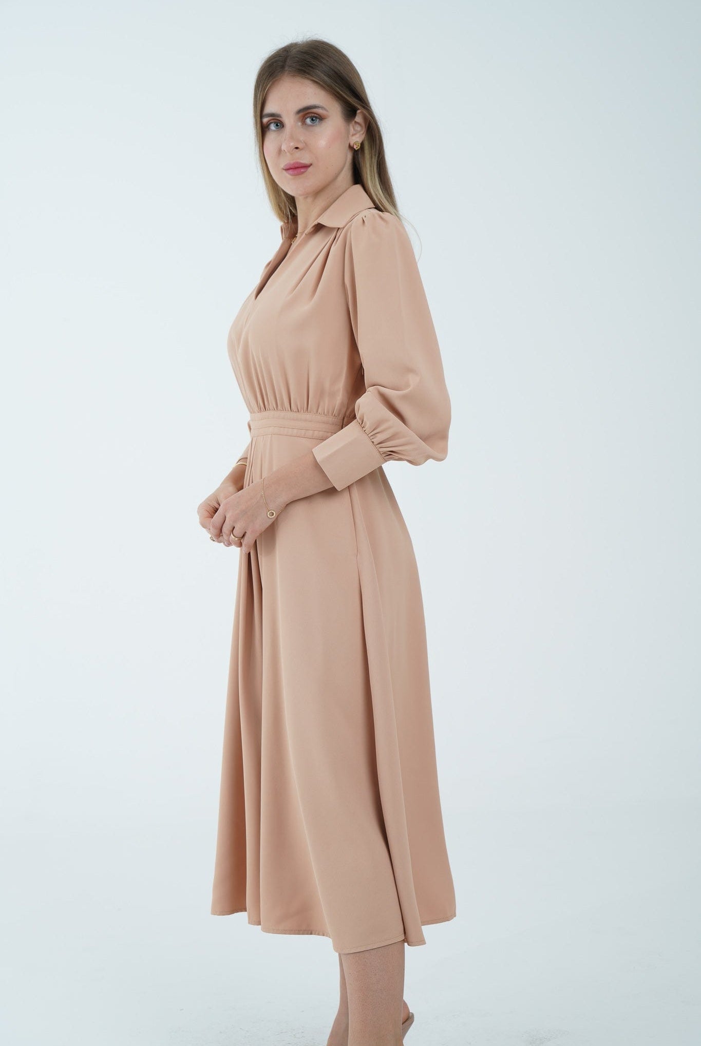 نتشي فستان ميدي سادة مخصر أكمام طويل بف نسائي بيج