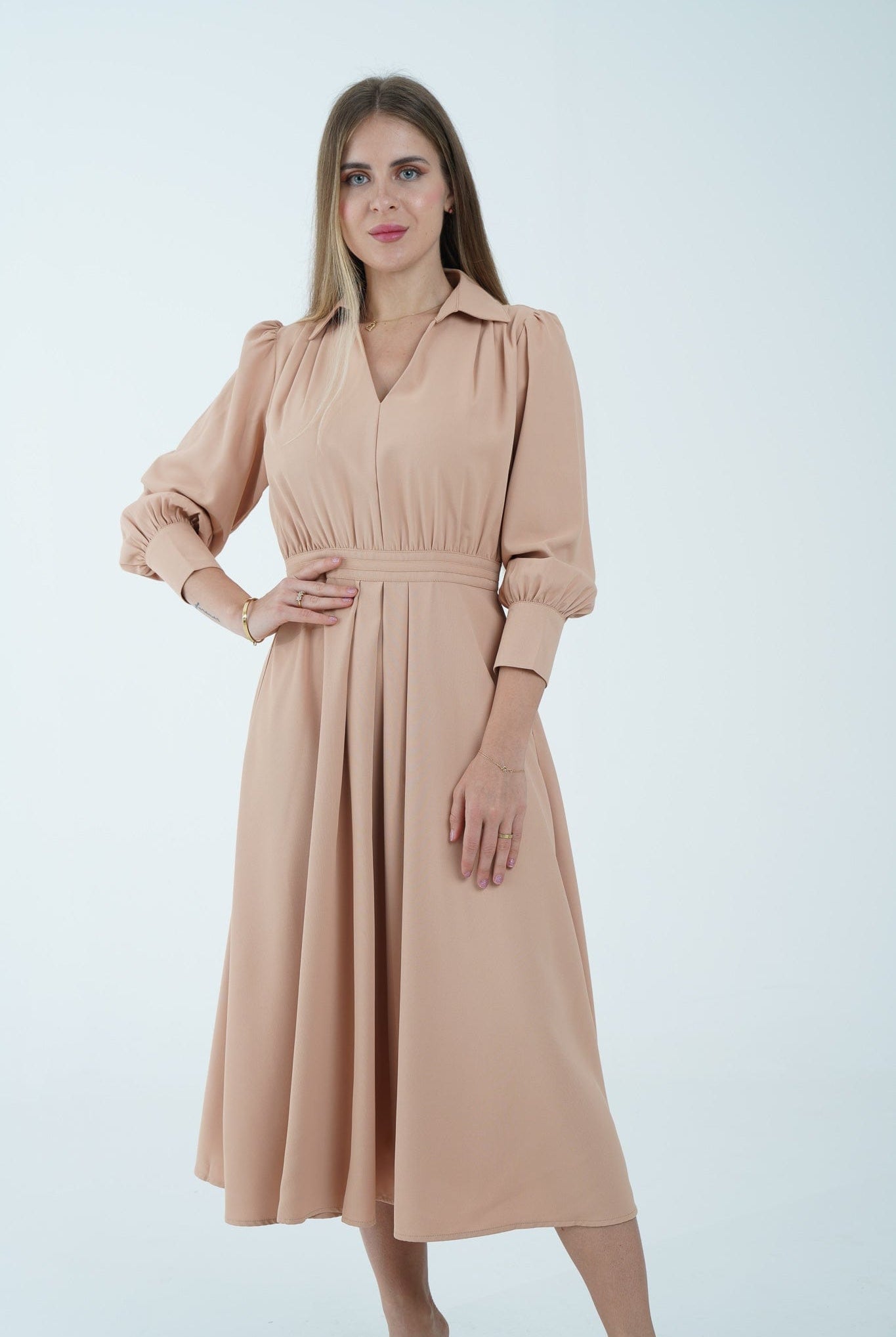 نتشي فستان ميدي سادة مخصر أكمام طويل بف نسائي بيج