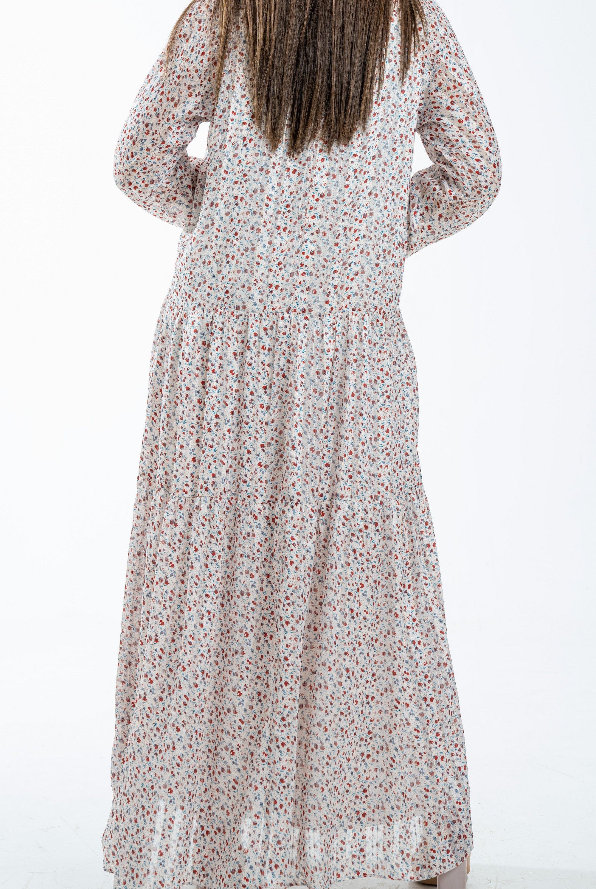 نتشي فستان نسائي طويل بأكمام طويلة مشجر أوف وايت