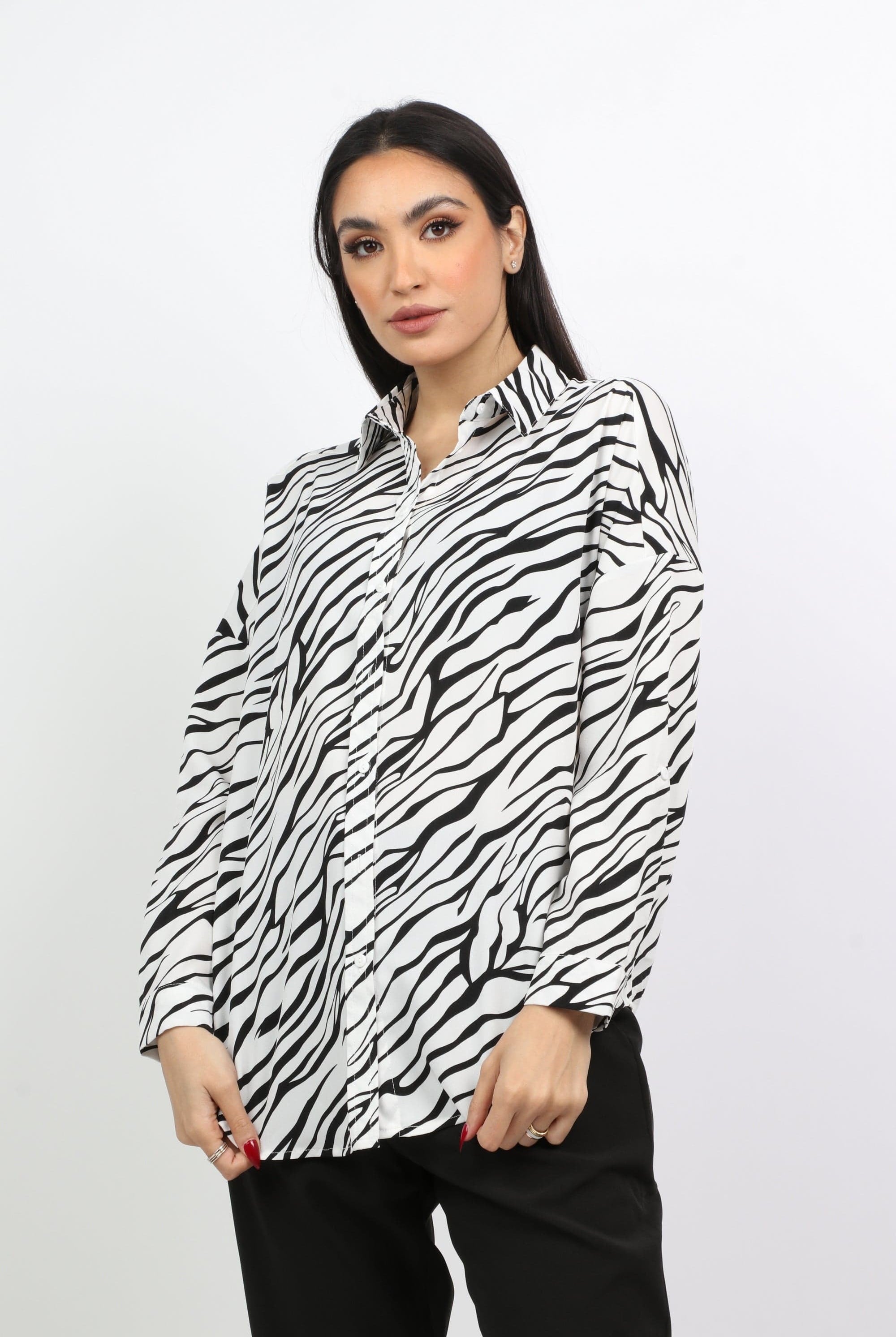 نتشي قميص كاجوال نقشة زيبرا كم طويل نسائي