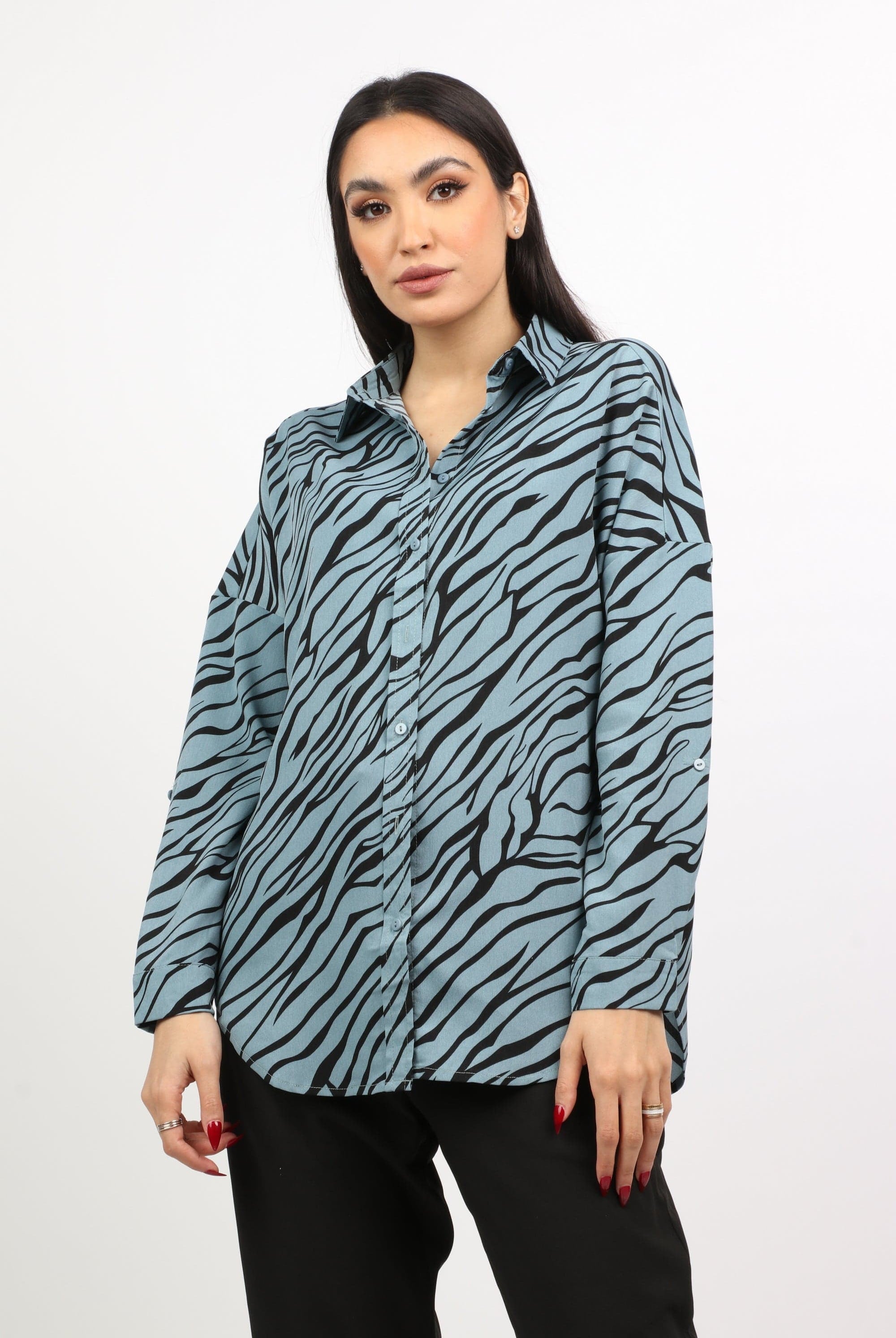 نتشي قميص كاجوال نقشة زيبرا كم طويل نسائي