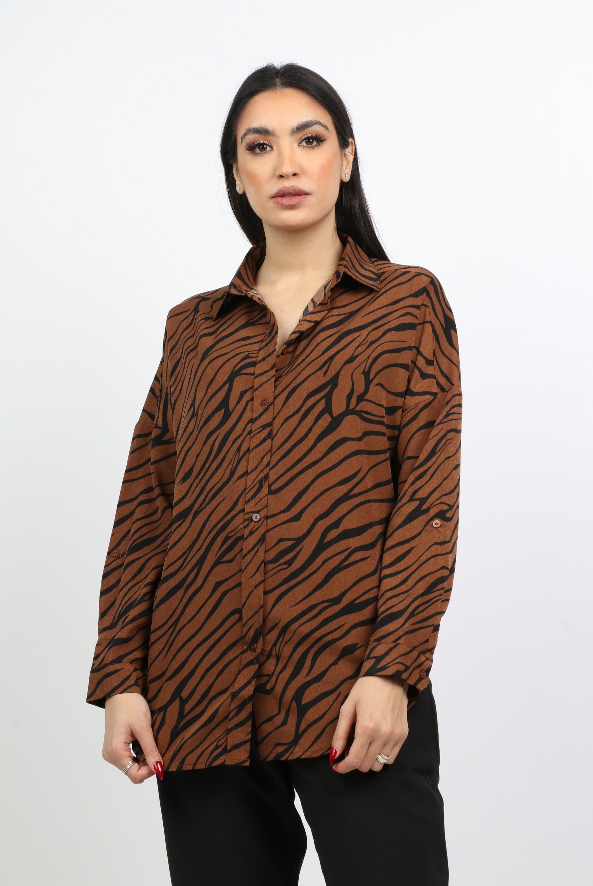 نتشي قميص كاجوال نقشة زيبرا كم طويل نسائي