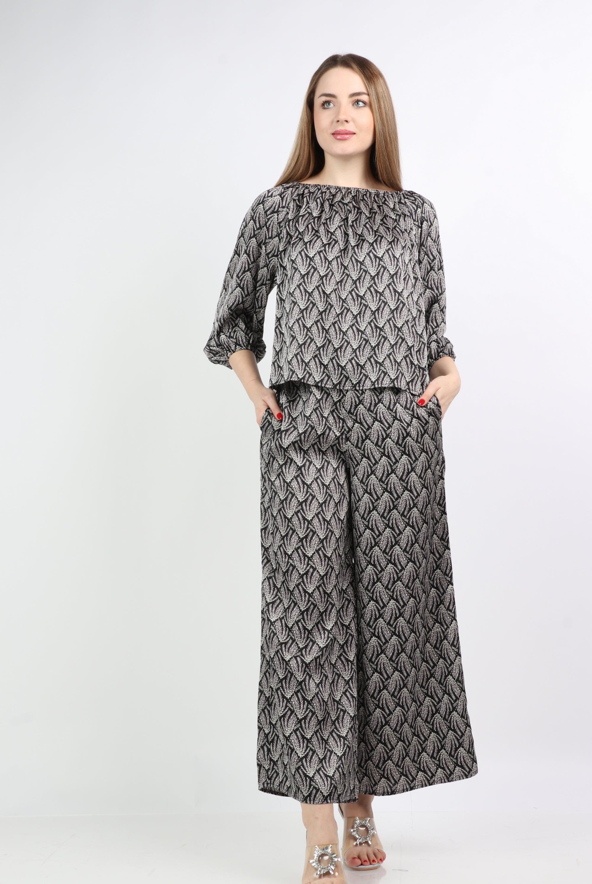 نتشي بلوزة منقوشة رقبة دائرية 3/4 كم نسائي