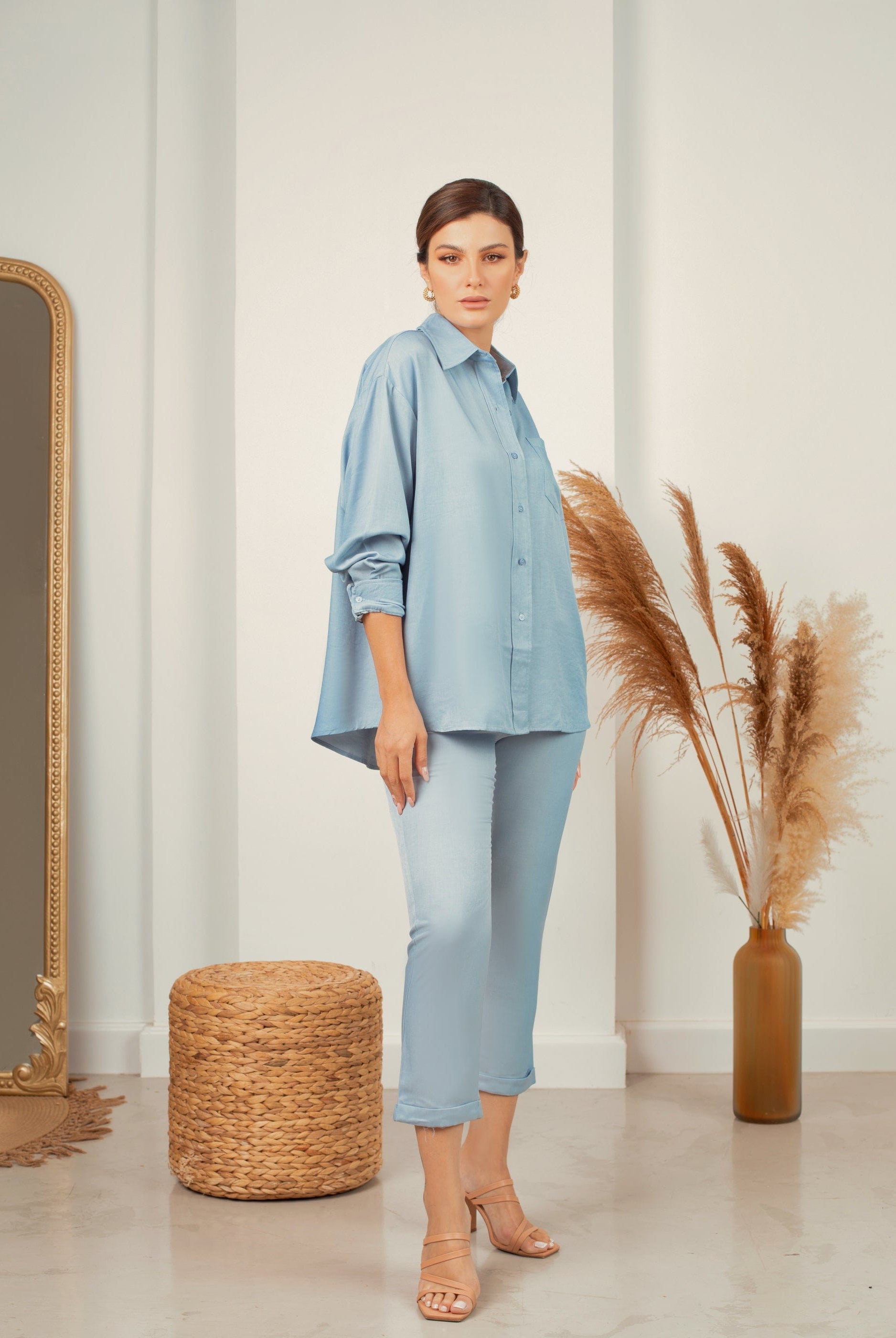 نتشي قميص كلاسيك رسمي سادة كم طويل نسائي