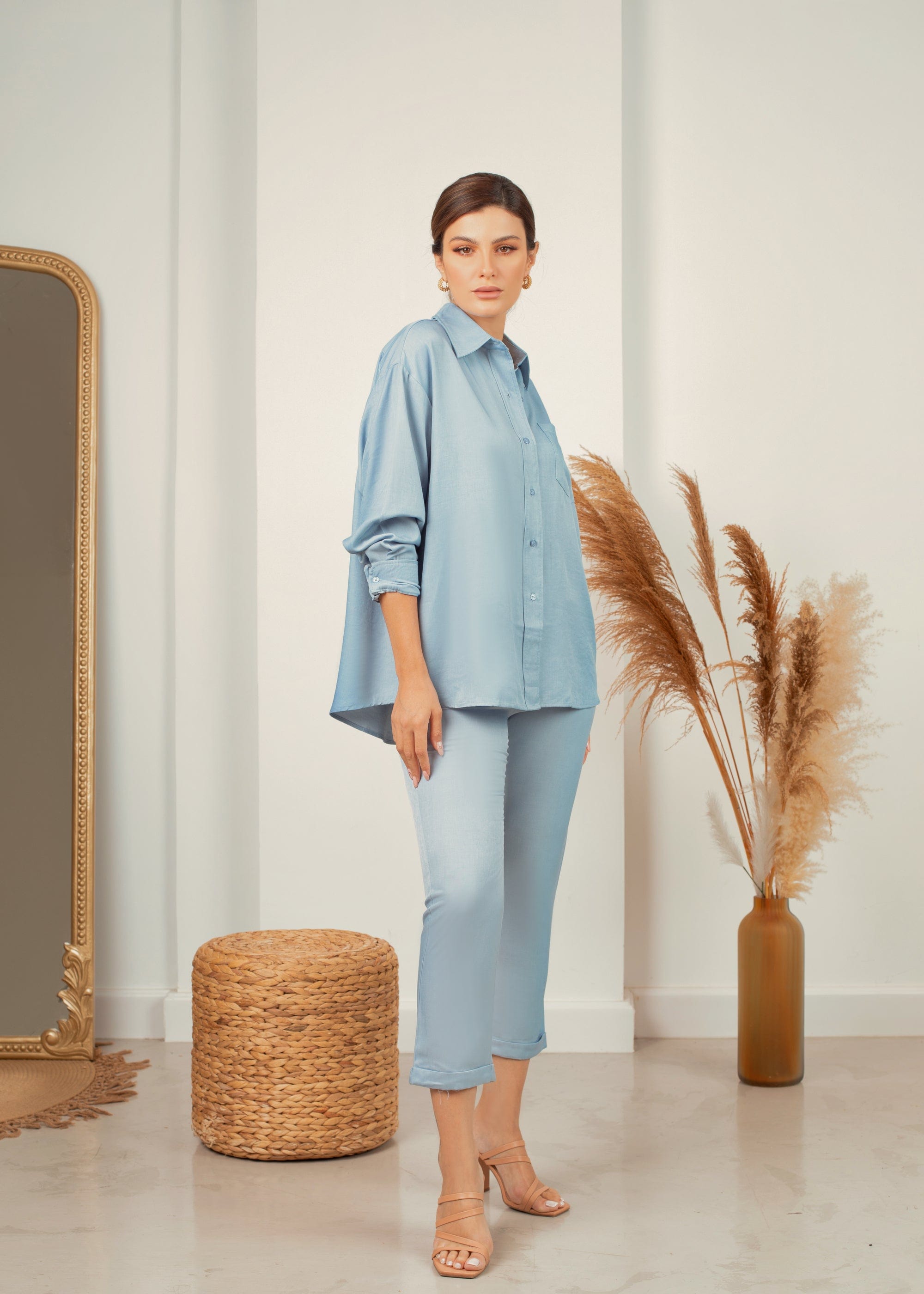 نتشي قميص كلاسيك رسمي سادة كم طويل نسائي