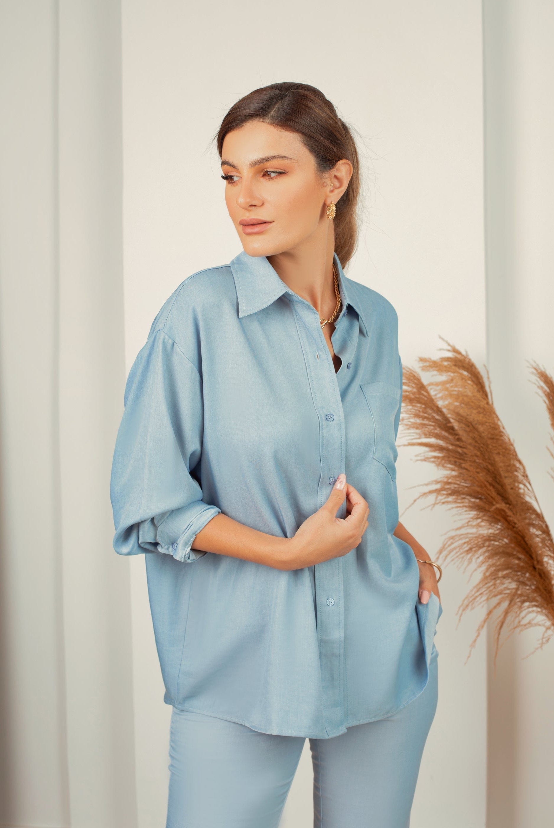 نتشي قميص كلاسيك رسمي سادة كم طويل نسائي