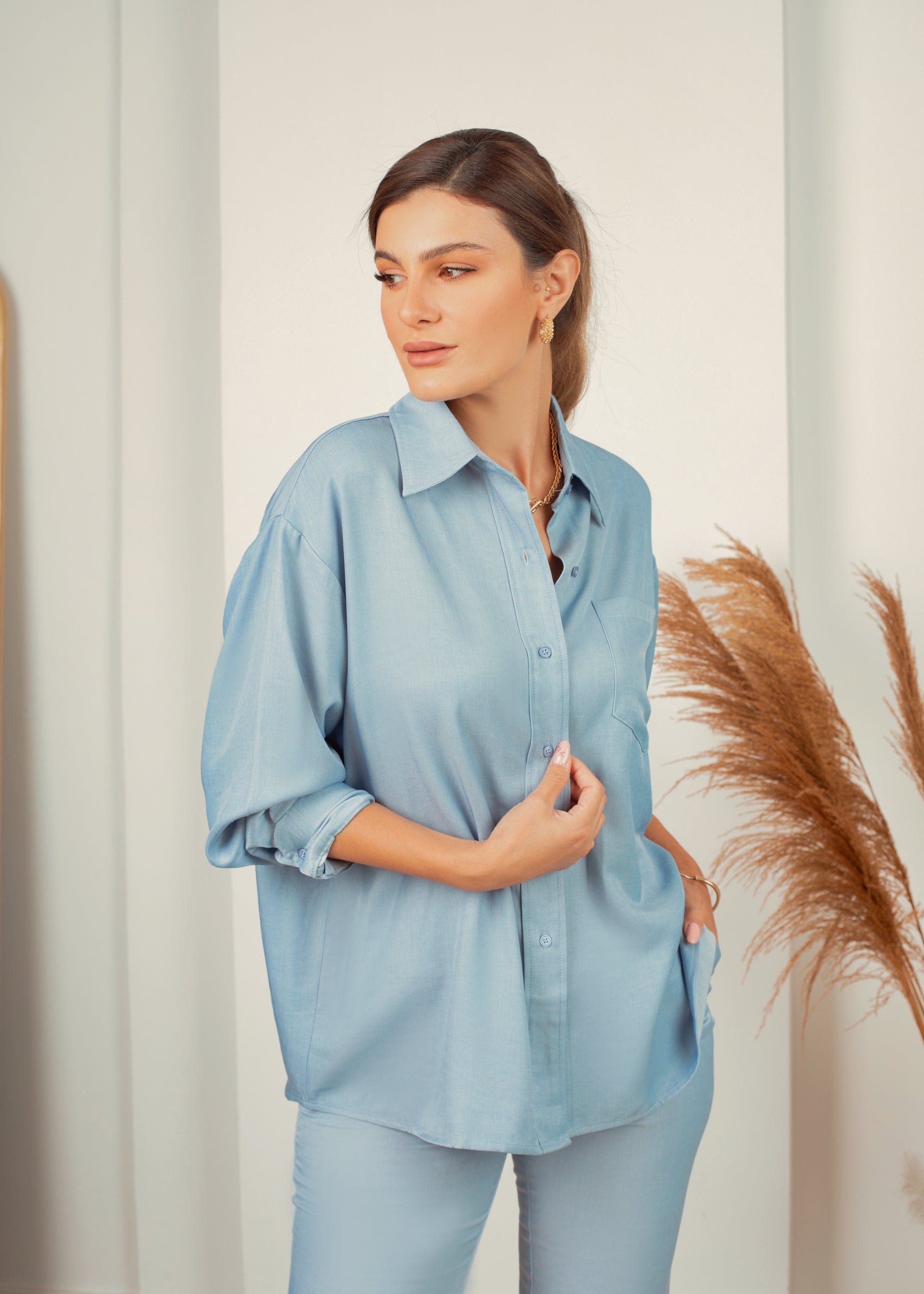 نتشي قميص كلاسيك رسمي سادة كم طويل نسائي