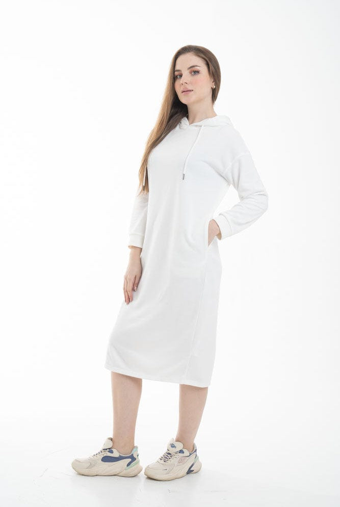 نتشي فستان ميدي بأكمام طويلة وجيب امامي ملحق بهودي