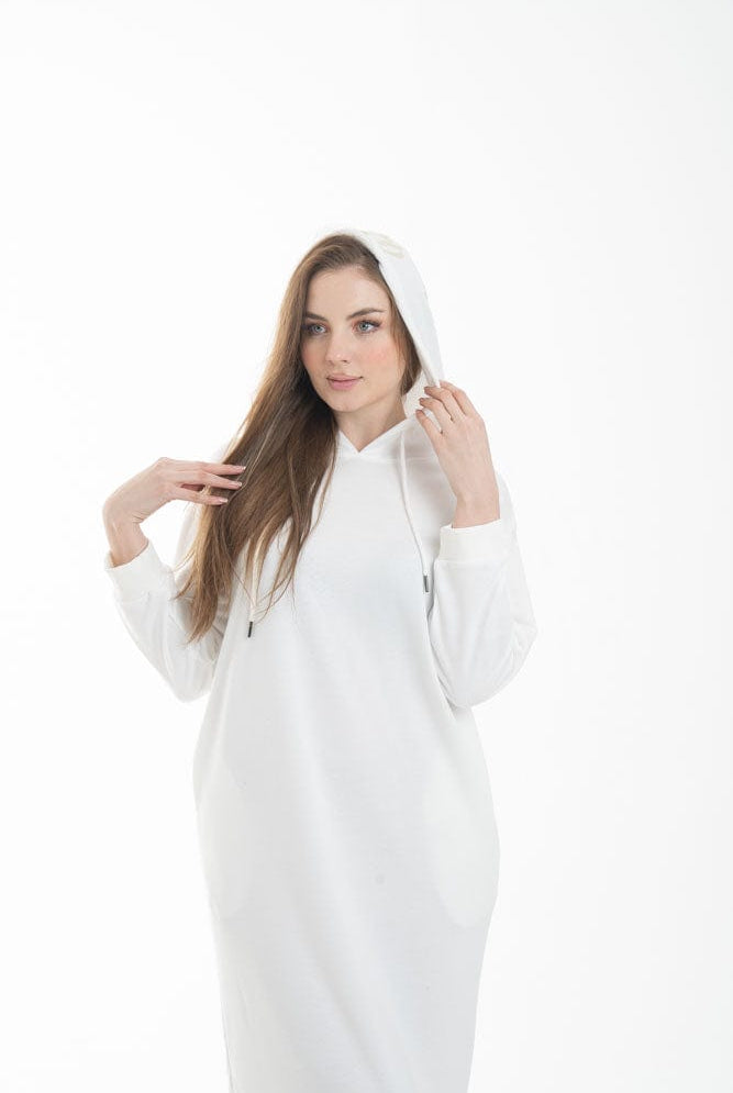 نتشي فستان ميدي بأكمام طويلة وجيب امامي ملحق بهودي