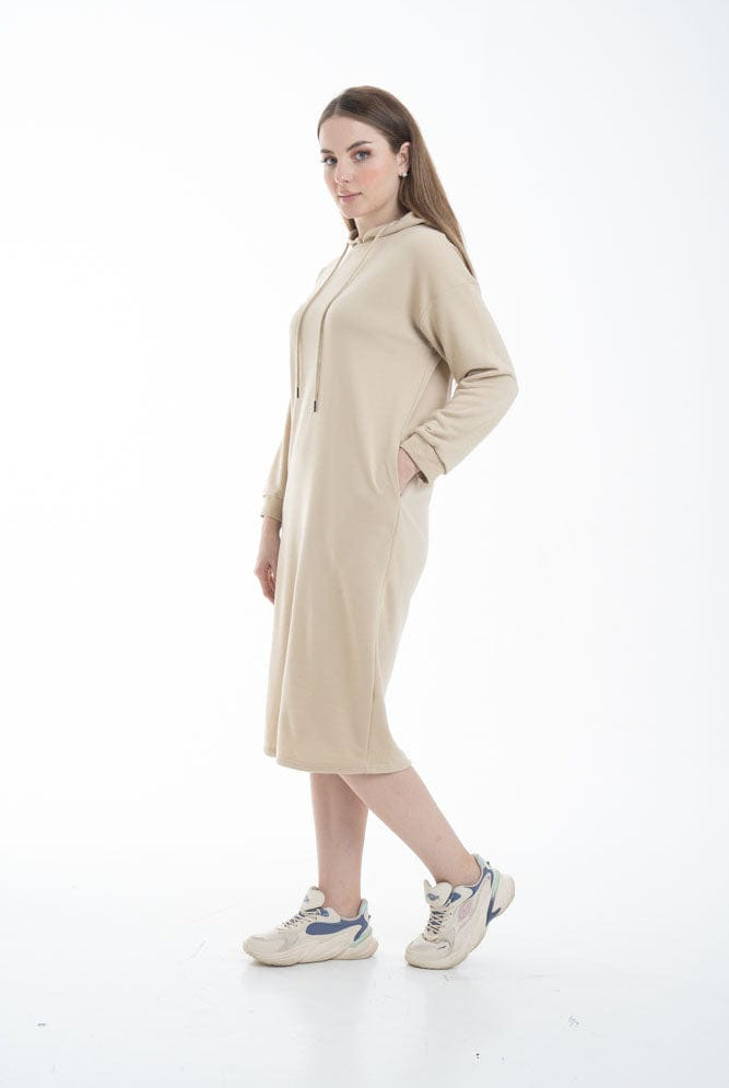 نتشي فستان ميدي بأكمام طويلة وجيب امامي ملحق بهودي